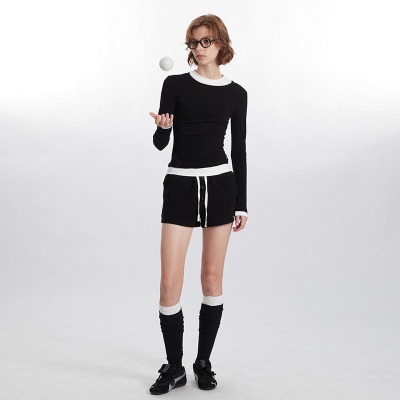 Color Block Trim Round Neck Long Sleeve T Women's New Slim Fit Shirt ins