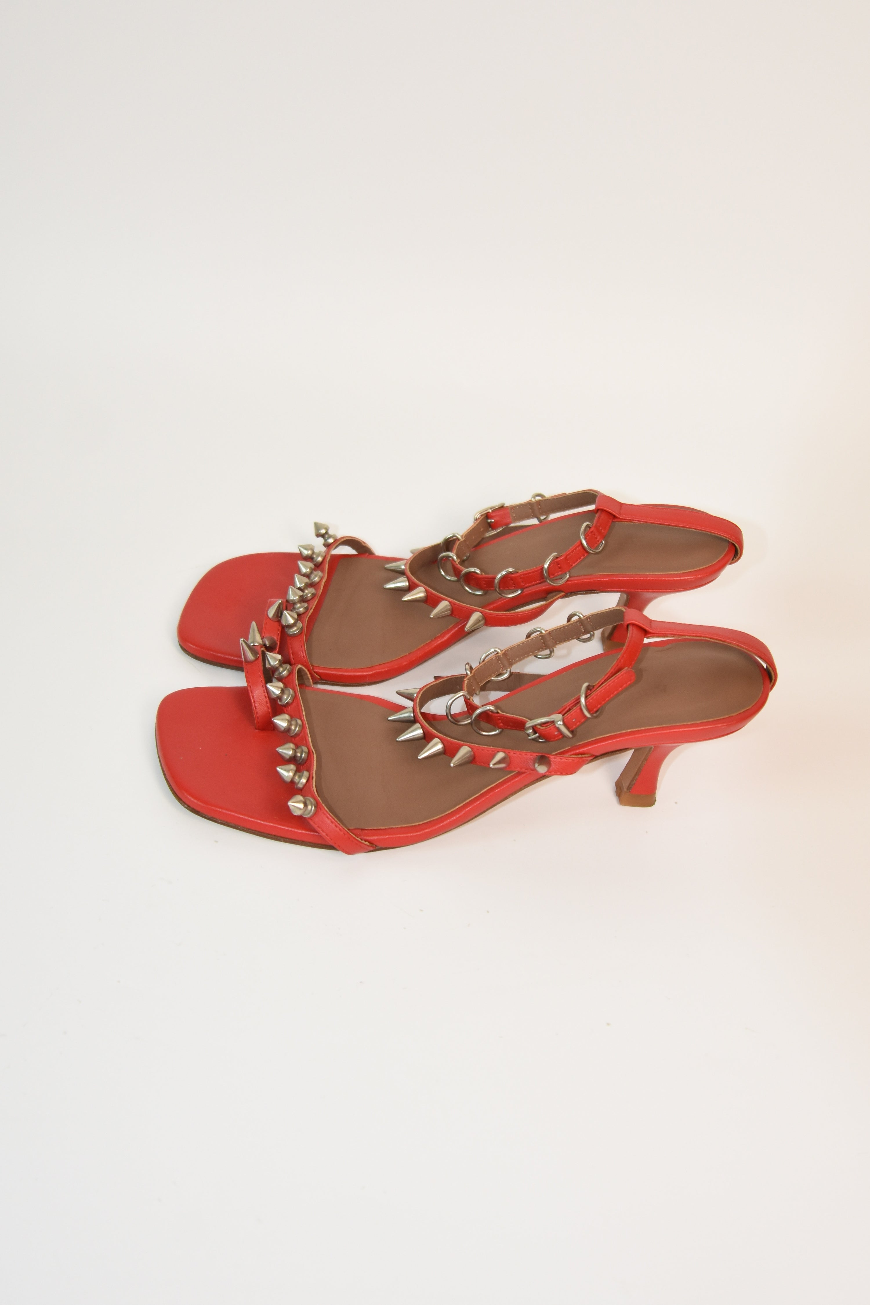 ABRA Spike-Strap Red Kitten Heel Sandals – Size 37 w/ Dust Bag & Box (Archive Minimalist)