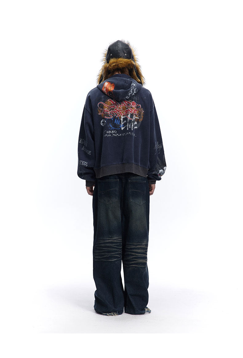 Street hip-hop graffiti sweatshirt for men and women, spring and autumn season oversize Trendy Hooded Cardigan Jacket