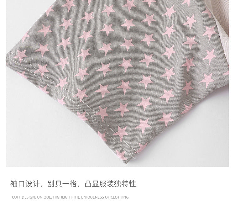 Light Brown Cartoon Print Pink Stars Short Sleeve Unisex Summer T-shirt