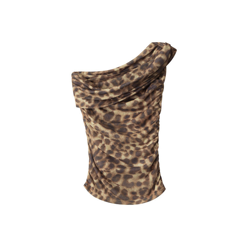 Irregular Asymmetrical Neck Hot Girl Ruched Tank Top Leopard Print Sexy Top for Women