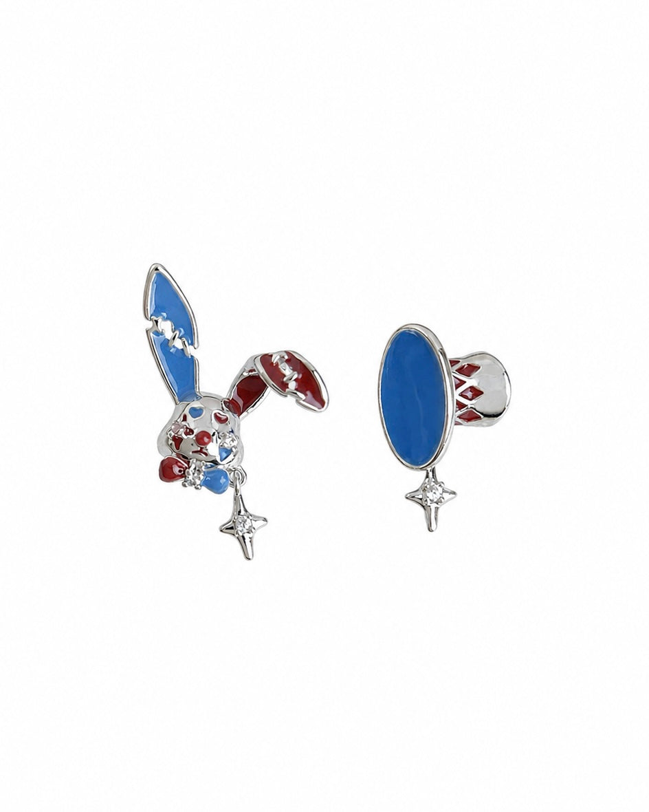 Mrois Original Design “Mad Hatter” Enamel Rabbit Earrings – Red & Blue Contrast Zircon S925 Silver Stud / Clip-On