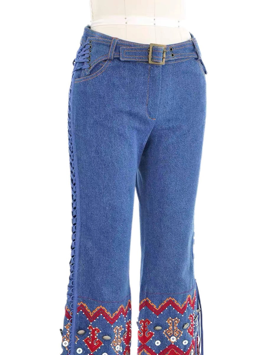 CHRISTIAN DIOR BY JOHN GALLIANO 2002 Runway Embroidered Denim Lace-Up Trousers with Mother-of-Pearl & Metal Waist Plaque
