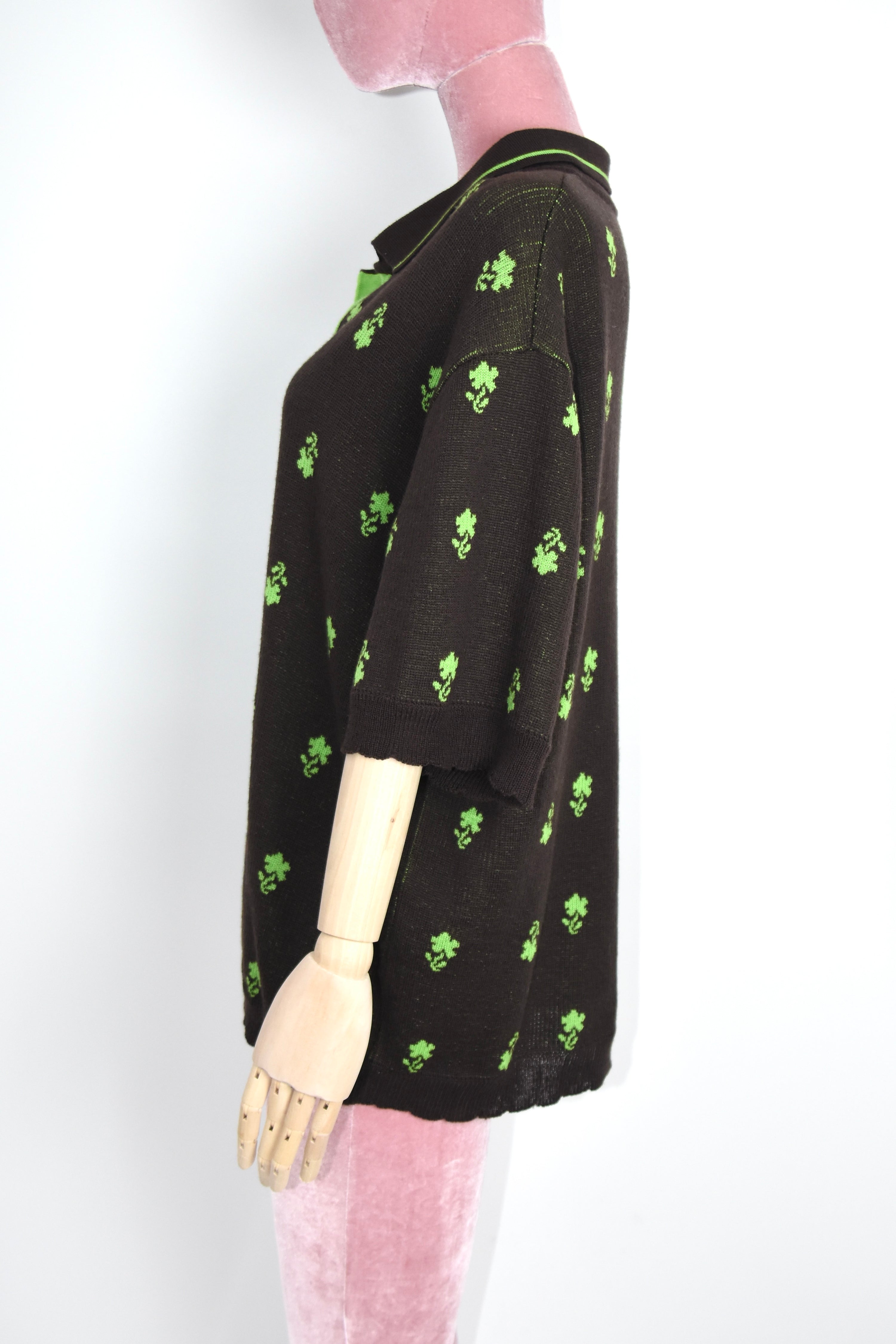 SKARULE Green Floral Jacquard Knit Polo Shirt