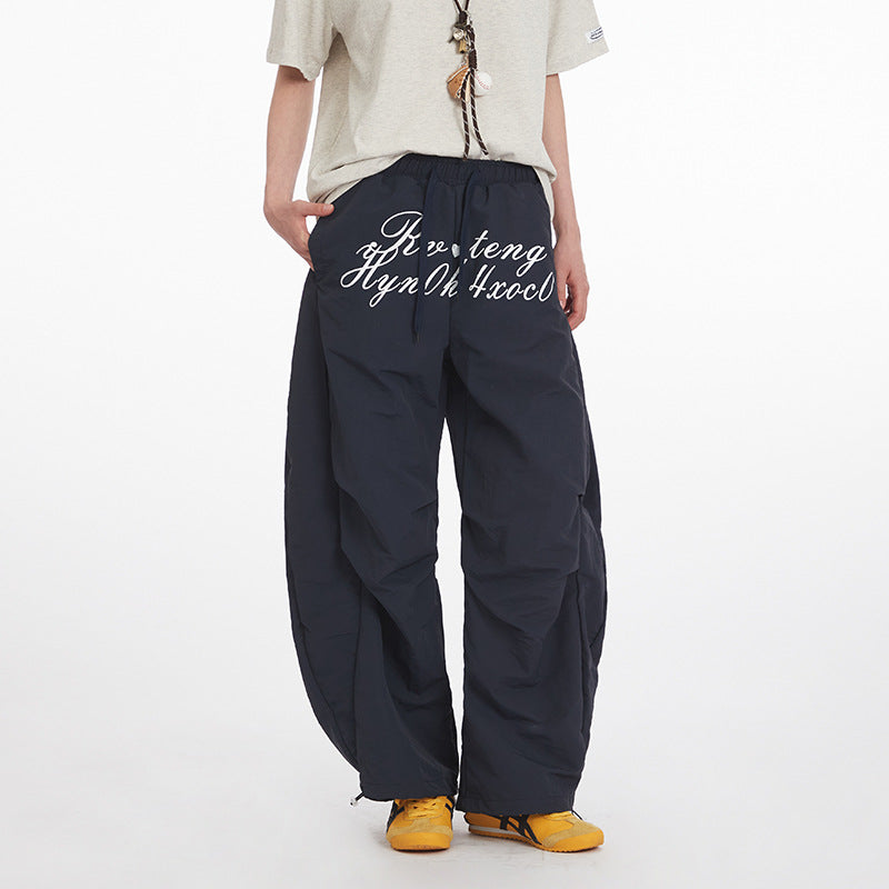 Men's Letter Print Pleated Casual Pants Women's Trendy Loose Cargo Wide-Leg Scimitar Pants