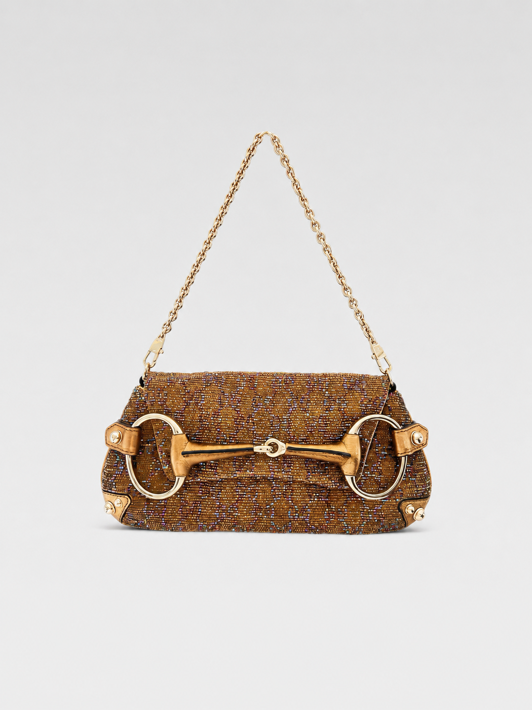 Gucci by Tom Ford Gold Beaded GG Monogram Horsebit Shoulder Bag – Crystal Embellished Vintage Collector Piece