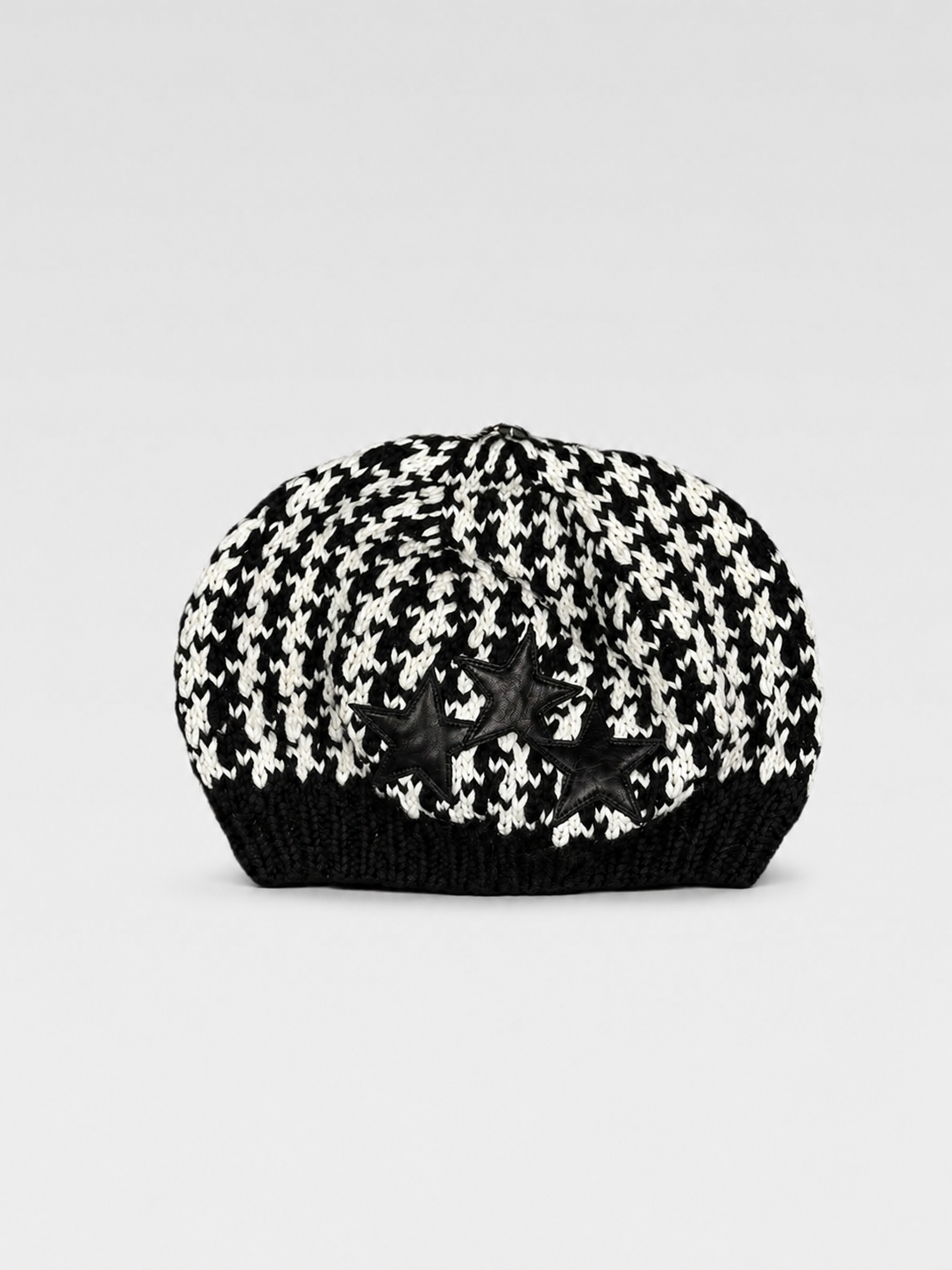 Chrome Hearts Black White Houndstooth Knit Beanie Leather Star Patch Hat Rare New OS
