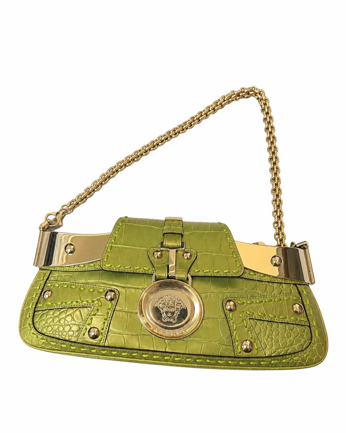 Vintage Versace Green Croc-Embossed Shoulder Bag – Rare Y2K Medusa Chain Bag | Collector’s Archive