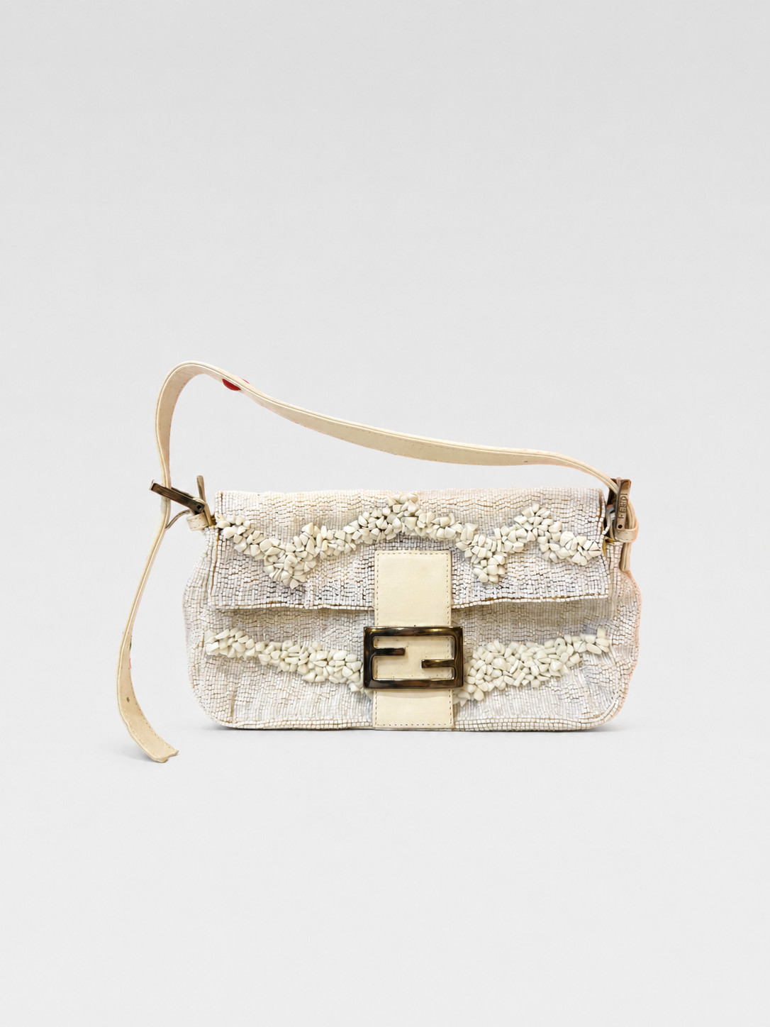 Fendi Beaded Baguette Bag White Embroidery Handcrafted Vintage Rare Limited Edition Shoulder Bag