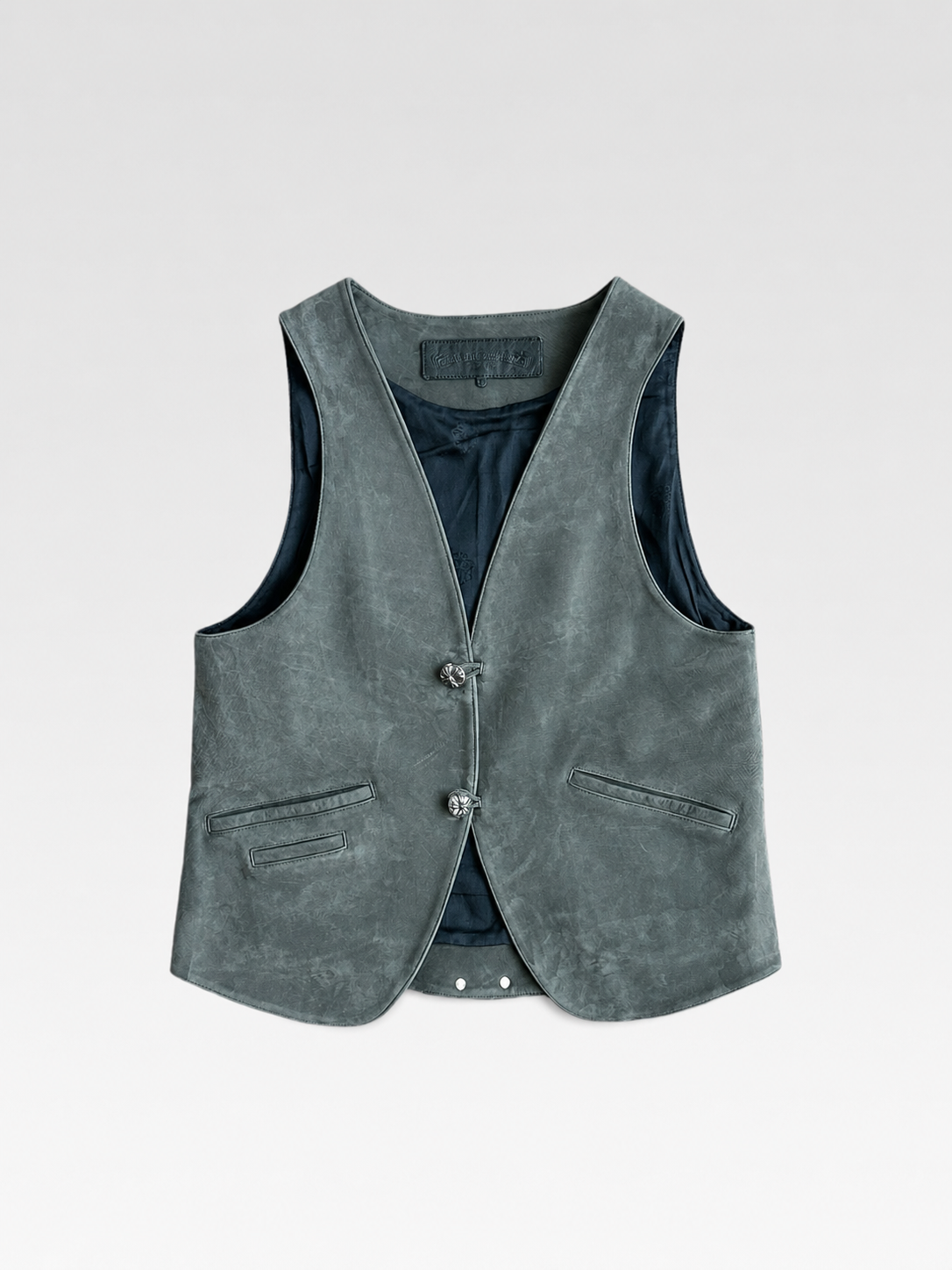 Chrome Hearts Grey Suede Leather Vest Silver Cross Button Archive Waistcoat Rare Collector Piece Size L