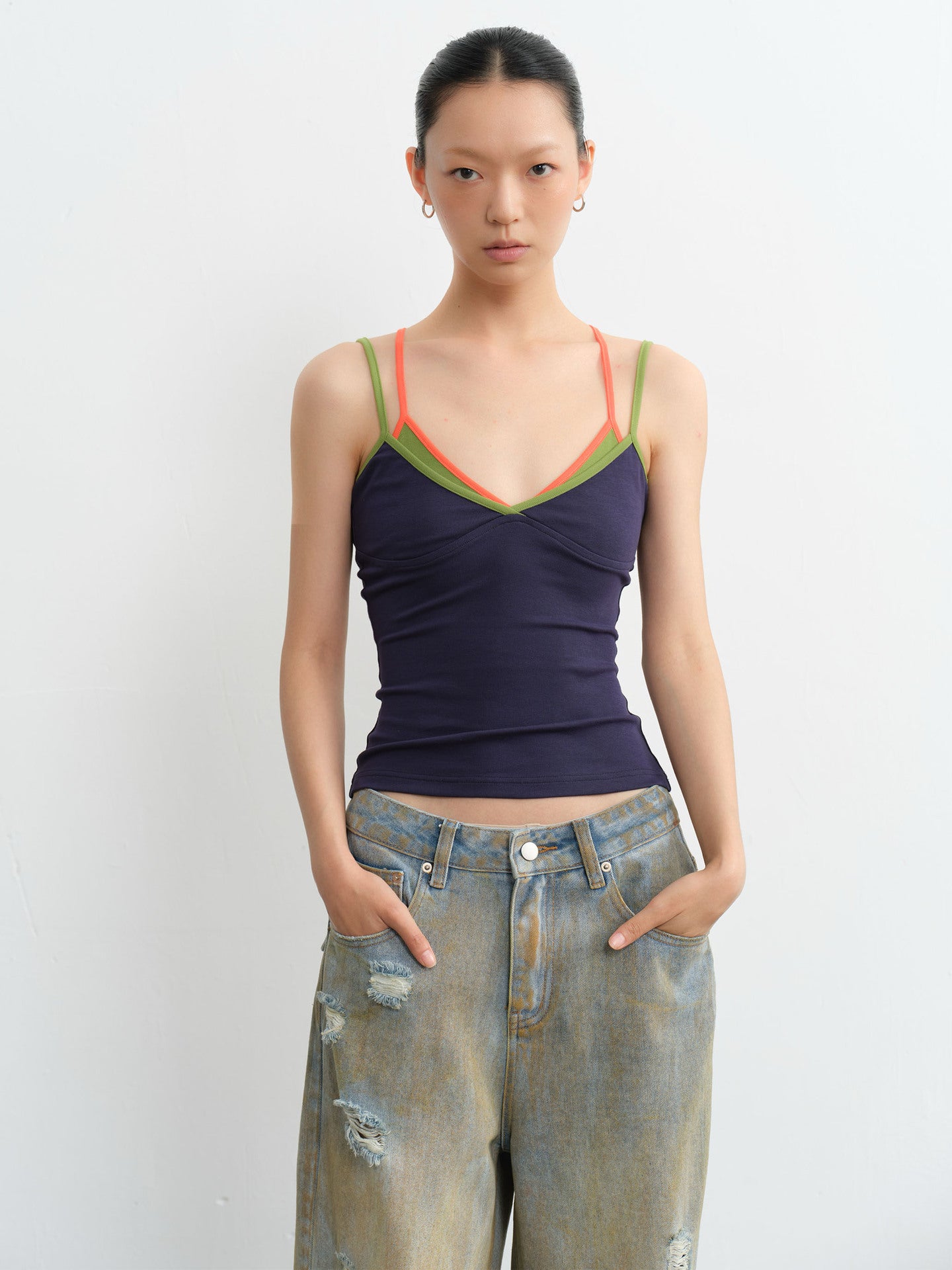Fake Two-Piece Camisole Summer Color Block Vest Top for Women