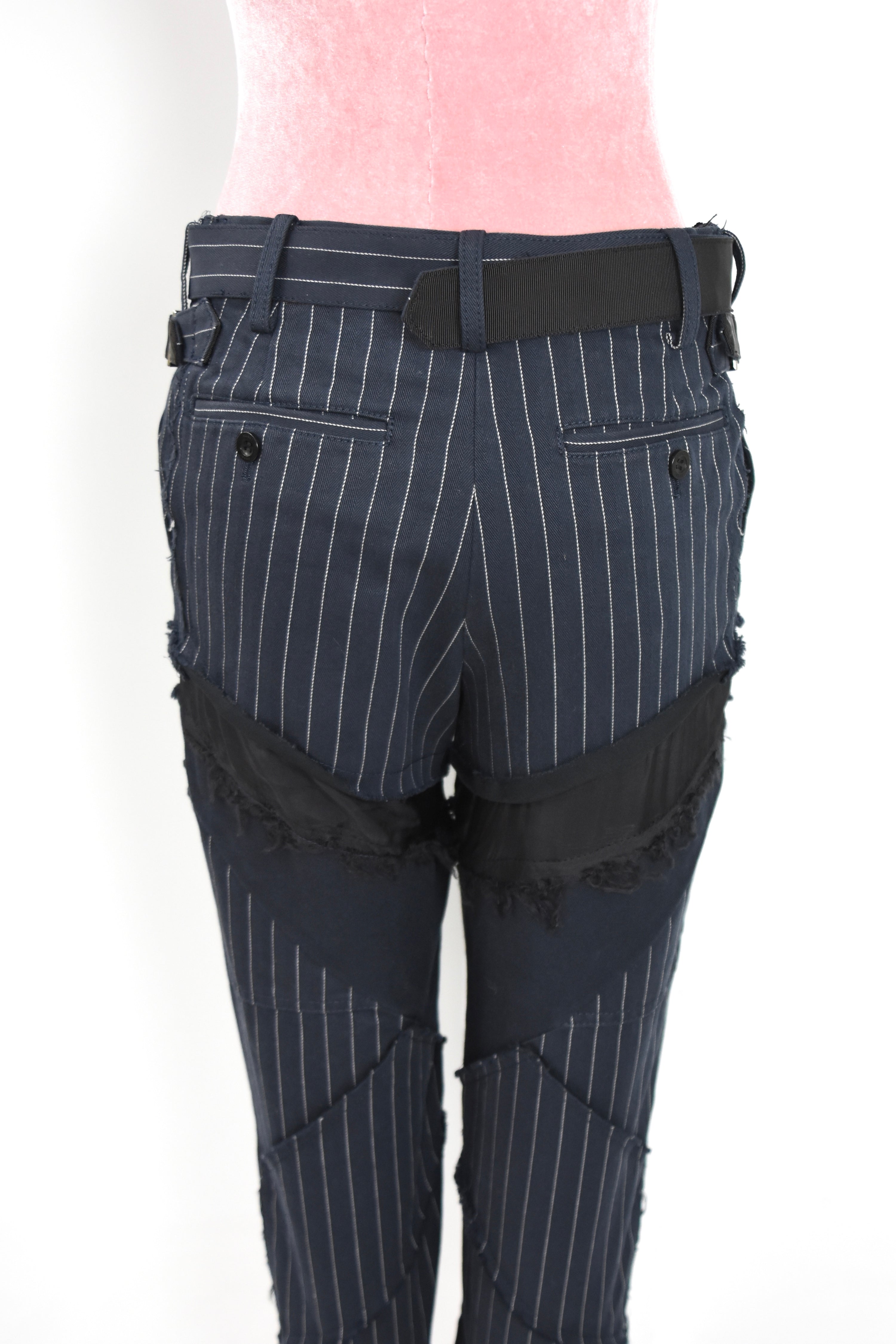 SACAI Hybrid Pinstripe Panel Deconstructed Pants – Model 18-03791 – Size 0 (Runway Construction / Japan Made)