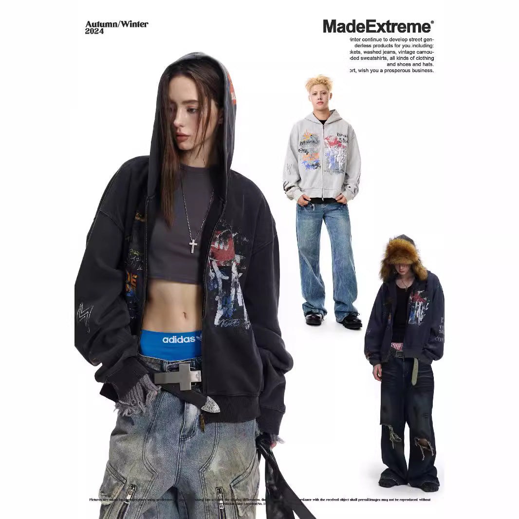 Street hip-hop graffiti sweatshirt for men and women, spring and autumn season oversize Trendy Hooded Cardigan Jacket