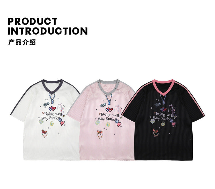 Sweet Sports Jersey V Collar pink short sleeves Unisex T-shirt 2025 Summer Fashion Trend