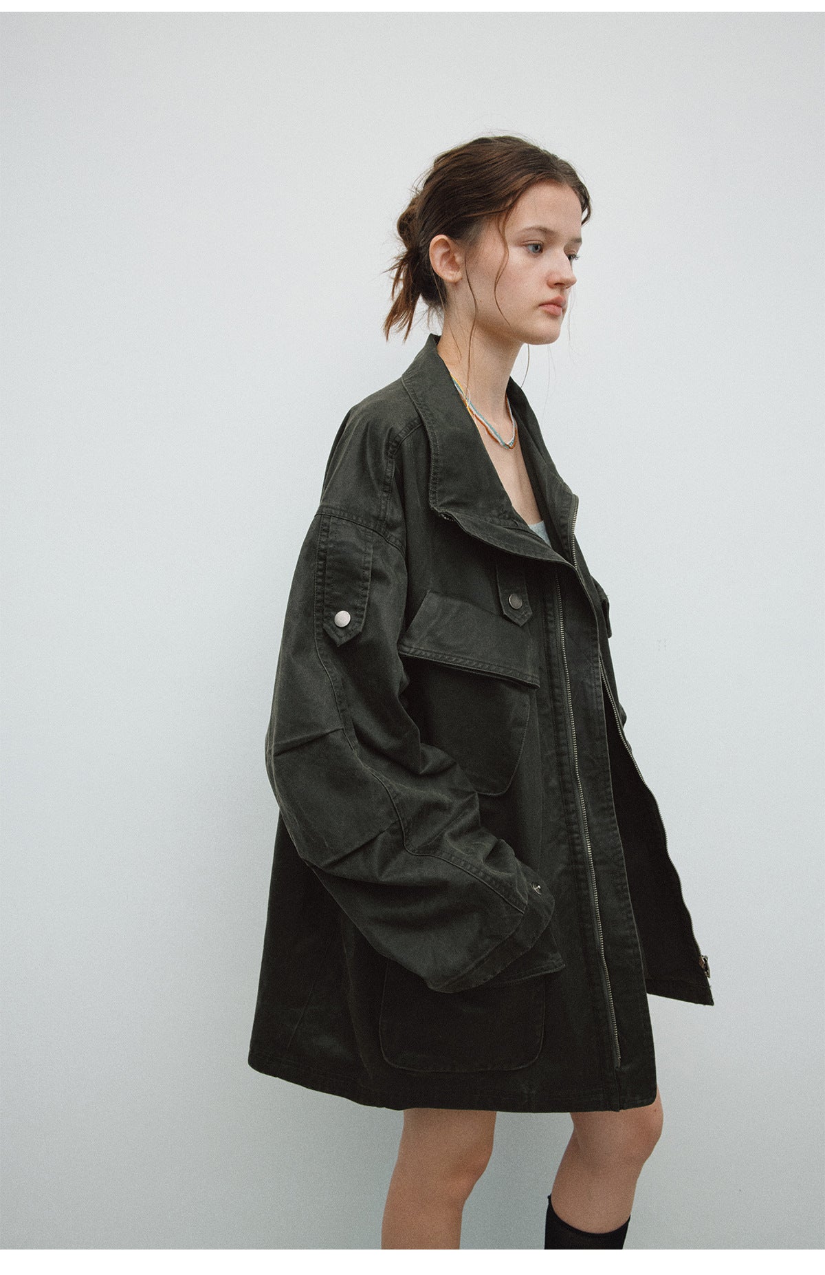 Spring New Casual Turn-Down Collar Vintage Distressed Multi-Pocket Versatile Long Jacket Coat