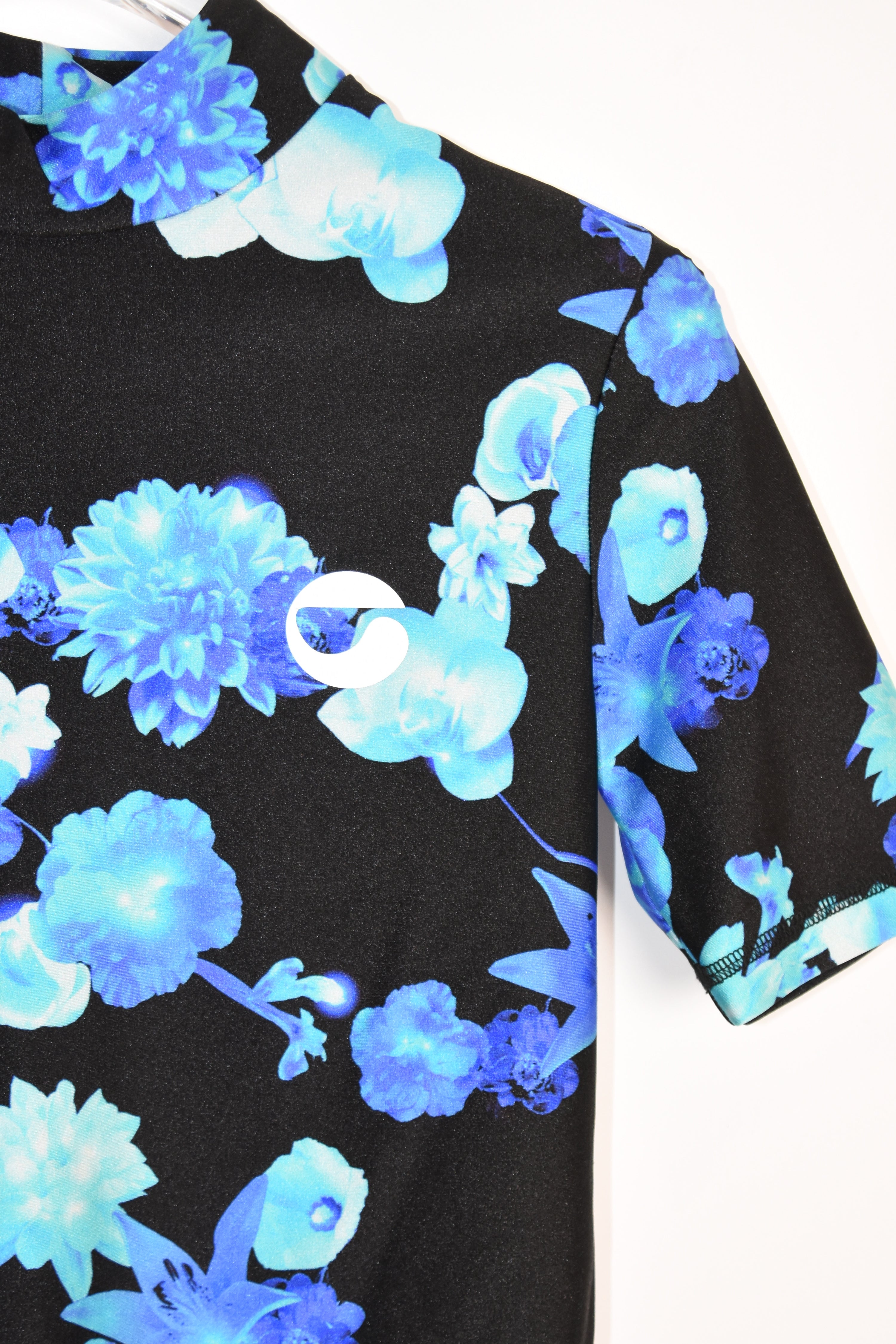 Coperni Blue Floral Stretch Glossy Top – Women’s Size S (Digital Print / Mock Neck / Technical Jersey)