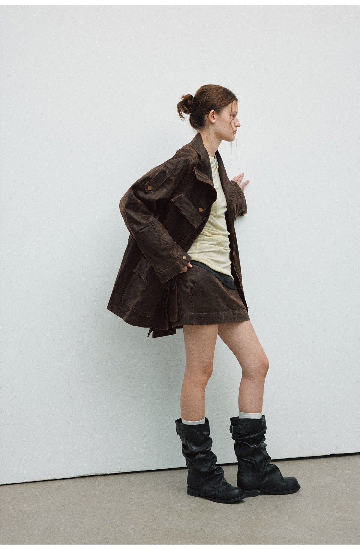 Spring New Casual Turn-Down Collar Vintage Distressed Multi-Pocket Versatile Long Jacket Coat