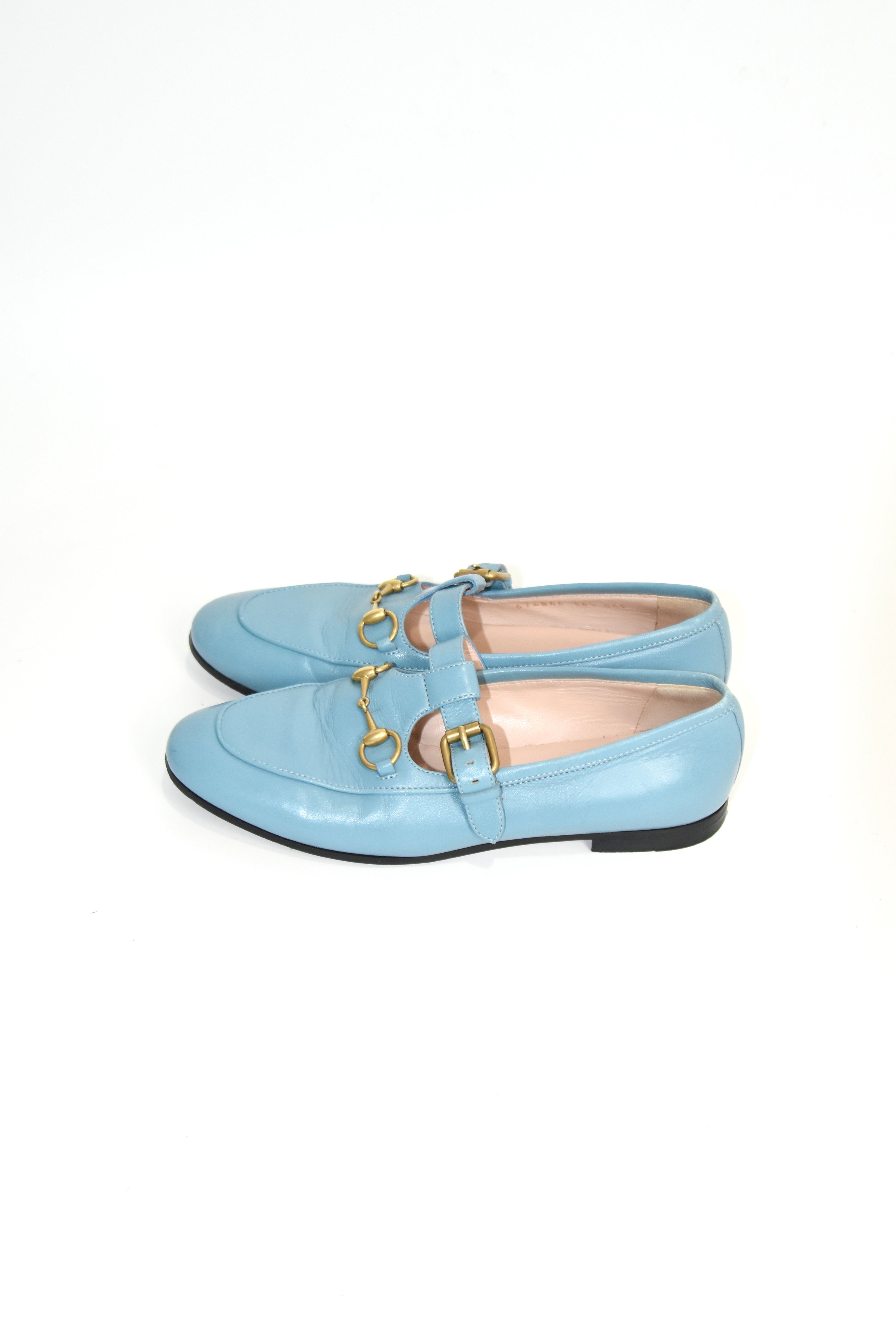 GUCCI Sky-Blue Leather Mary Jane Horsebit Loafers