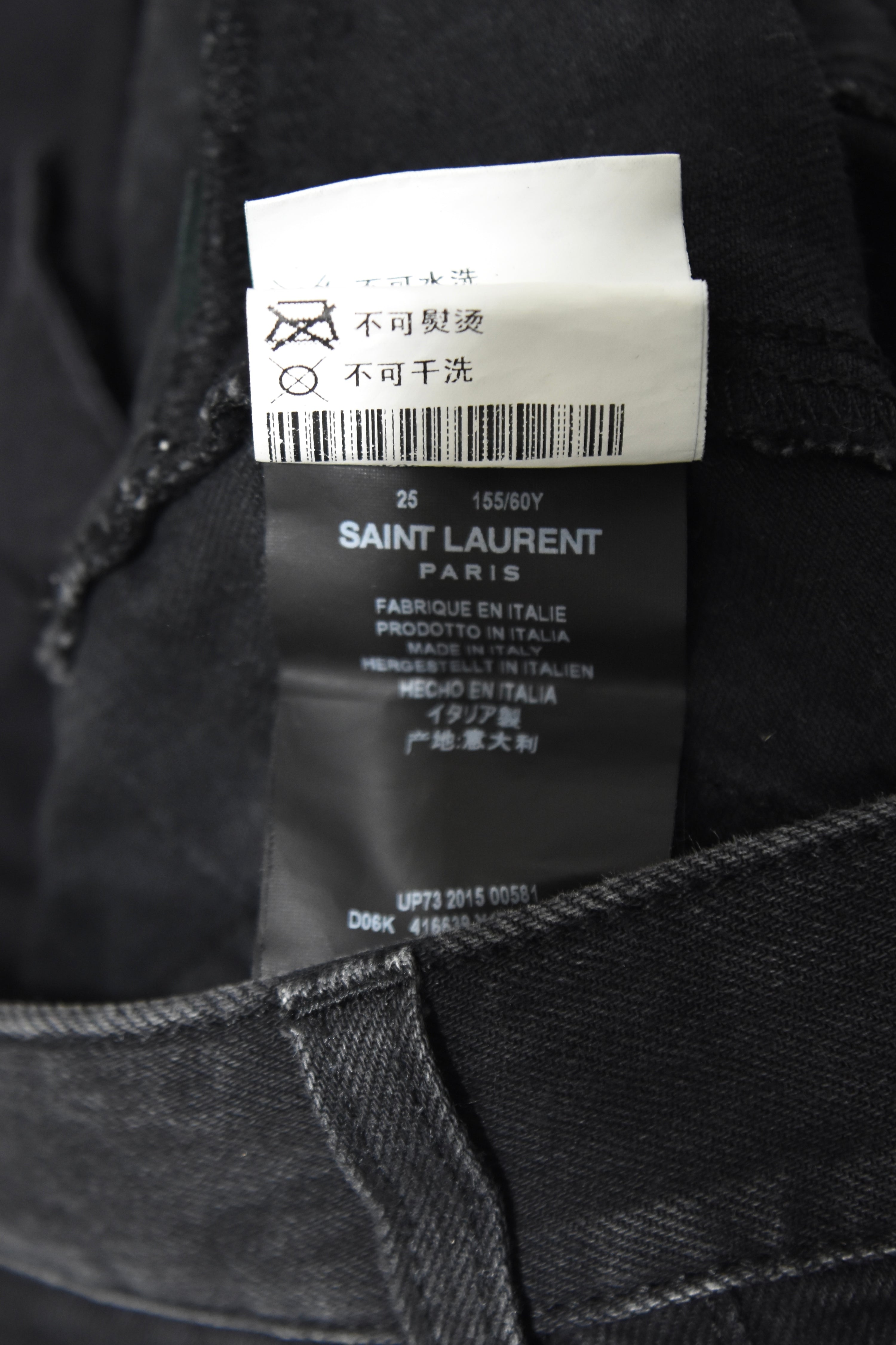 Saint Laurent Paris Embellished Fringe Denim Mini Skirt — Black Distressed High-Rise (Near New)