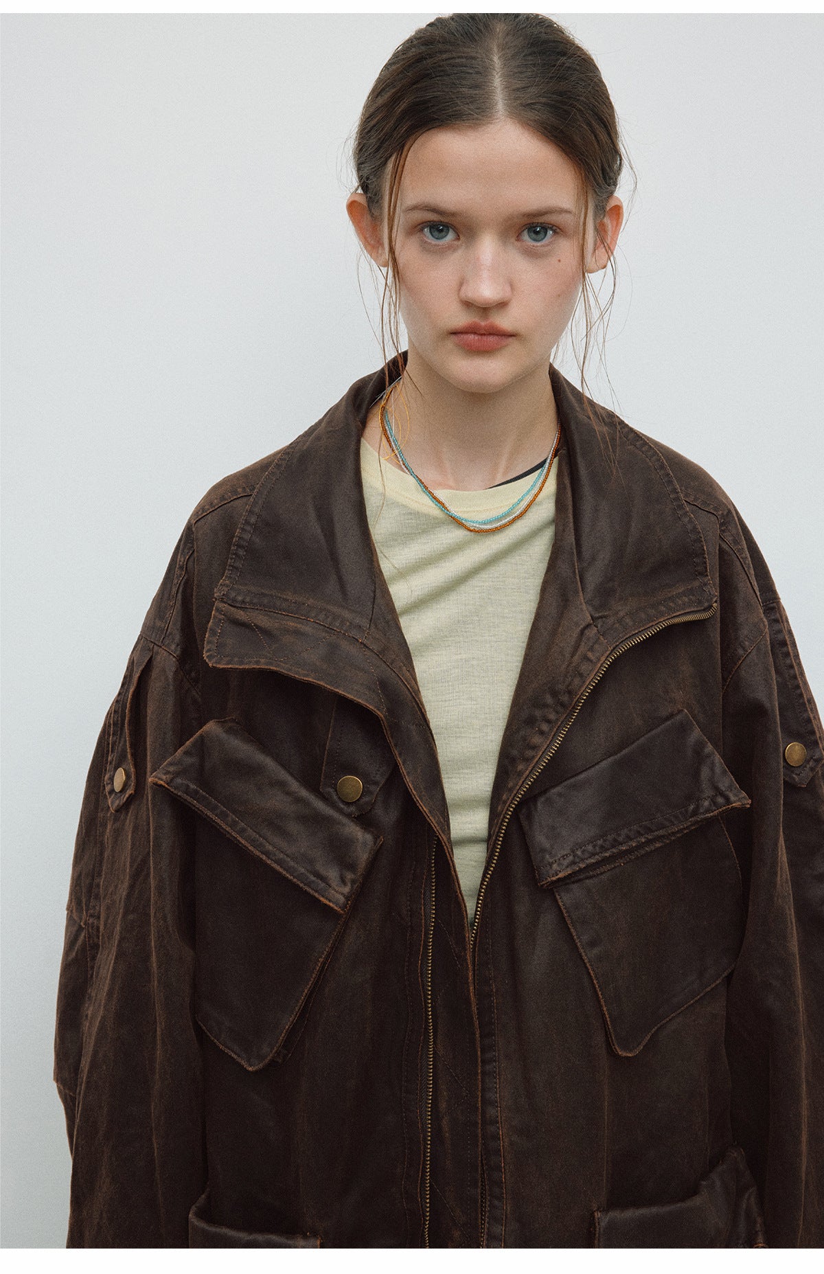 Spring New Casual Turn-Down Collar Vintage Distressed Multi-Pocket Versatile Long Jacket Coat