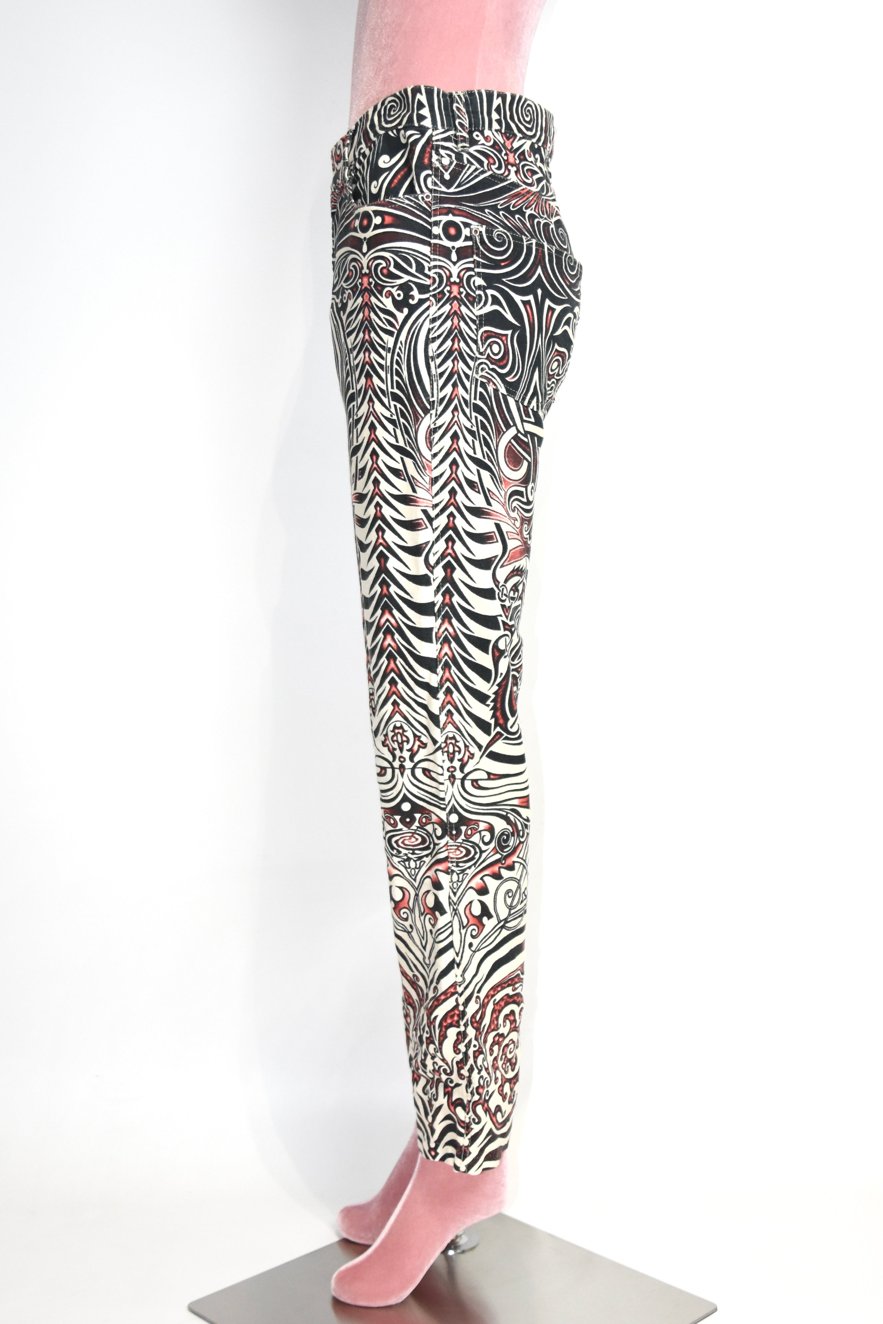 Jean Paul Gaultier Jeans Tribal Print Flared Trousers (Gothic Tattoo Swirl in Black–Red–Ivory)