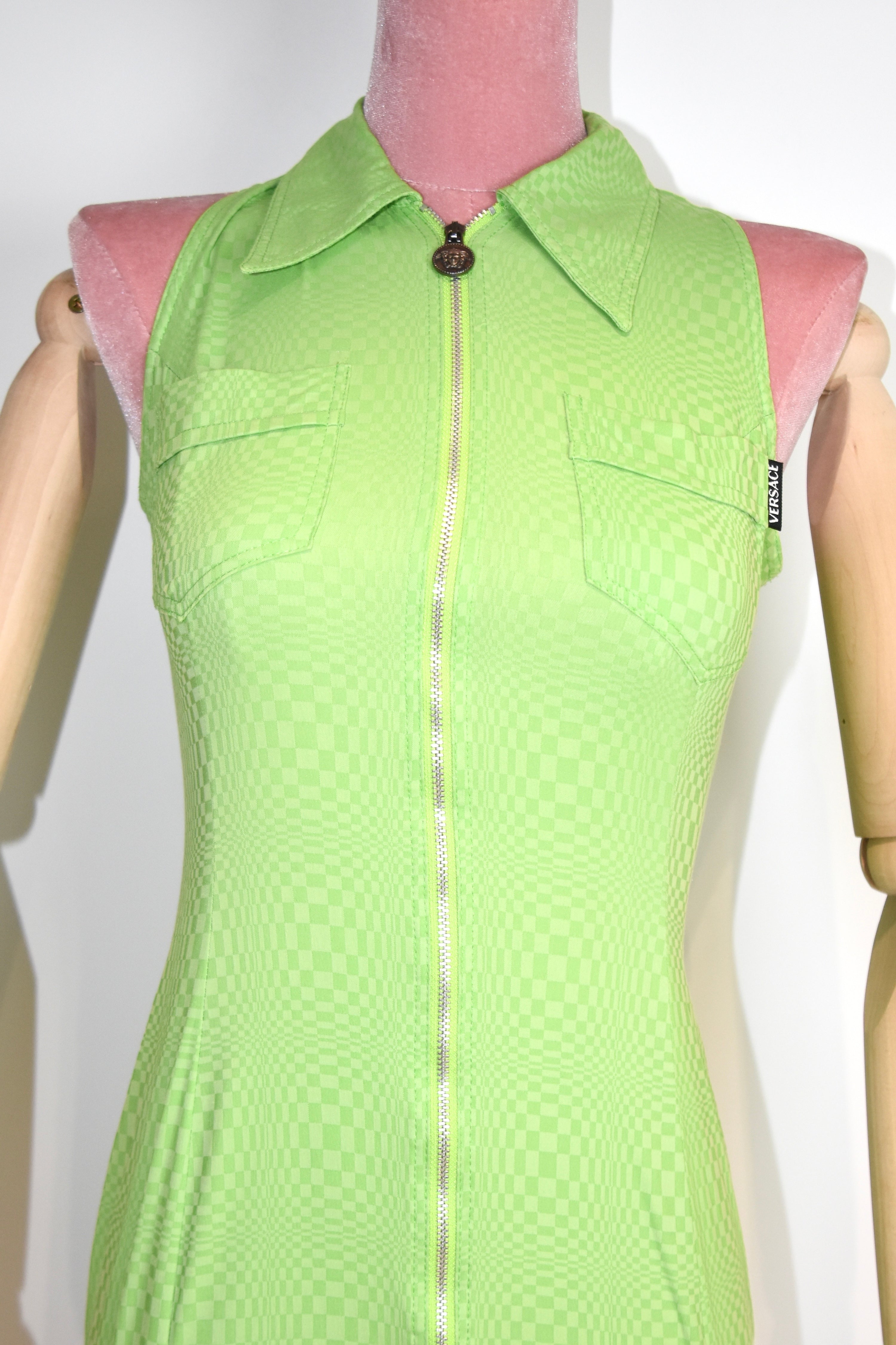 Versace Jeans Couture Green Checkered Zip-Up Sleeveless Mini Dress – Y2K Vintage Italy