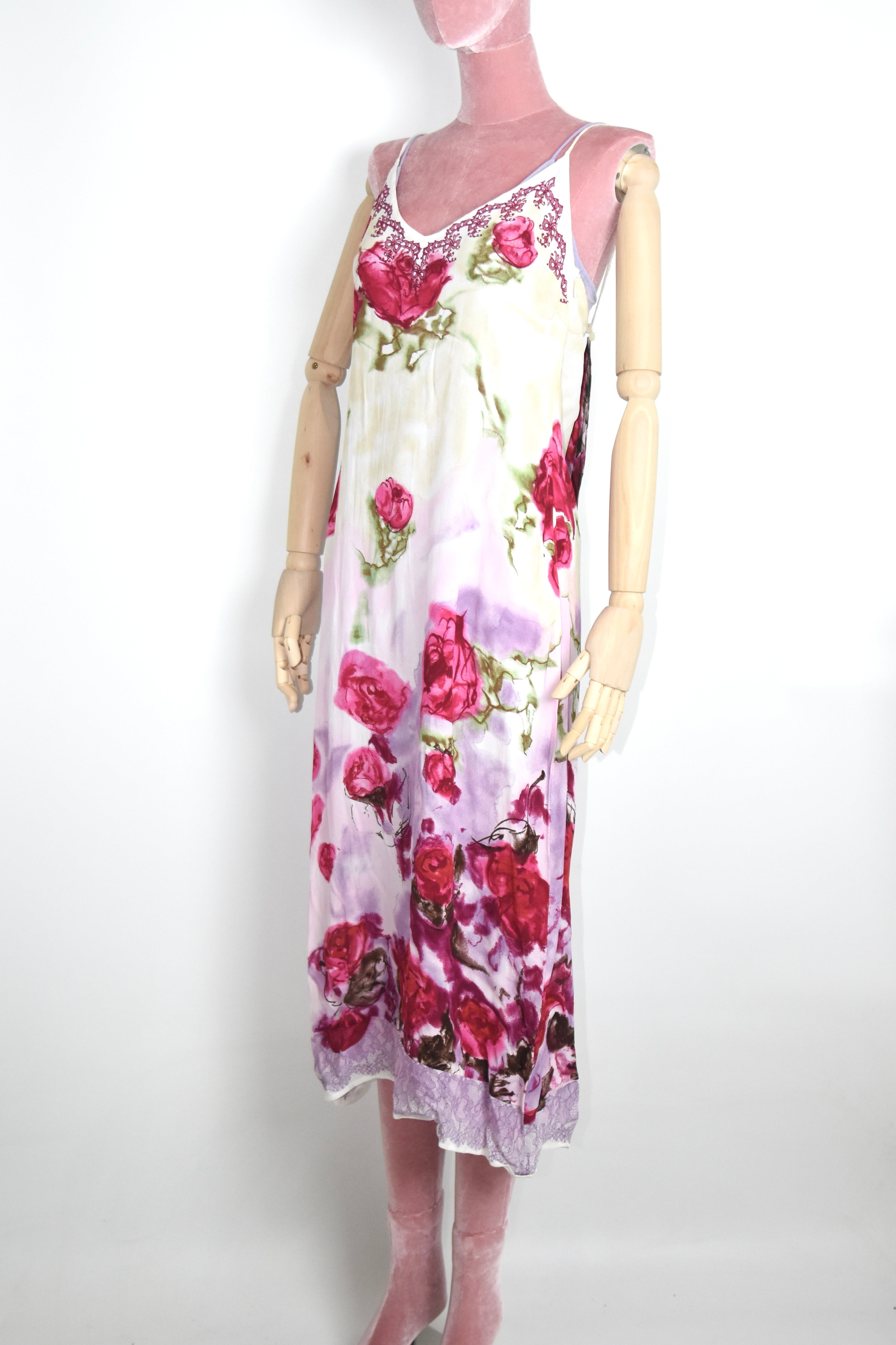 Blumarine F/W 1997 Rose-Print Layered Hooded Slip Dress