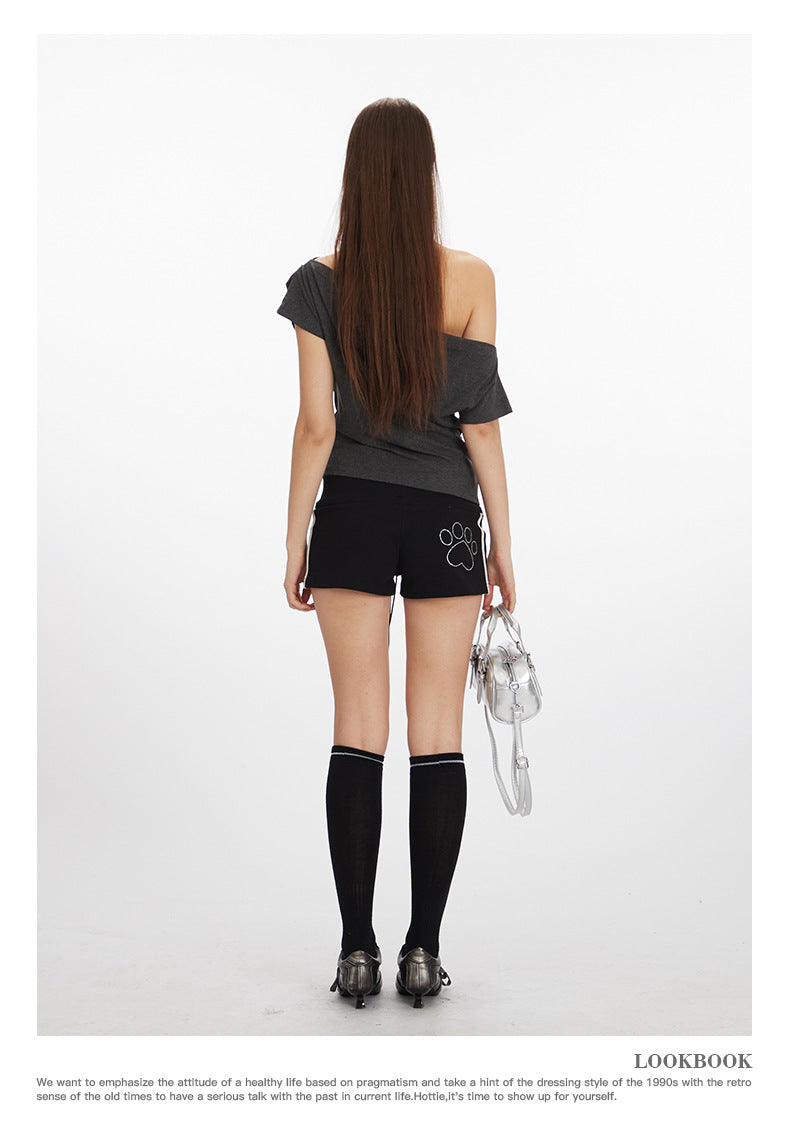 Off-shoulder design one-shoulder spicy short style T-shirt 2025 New summer short-sleeved off-shoulder top for women