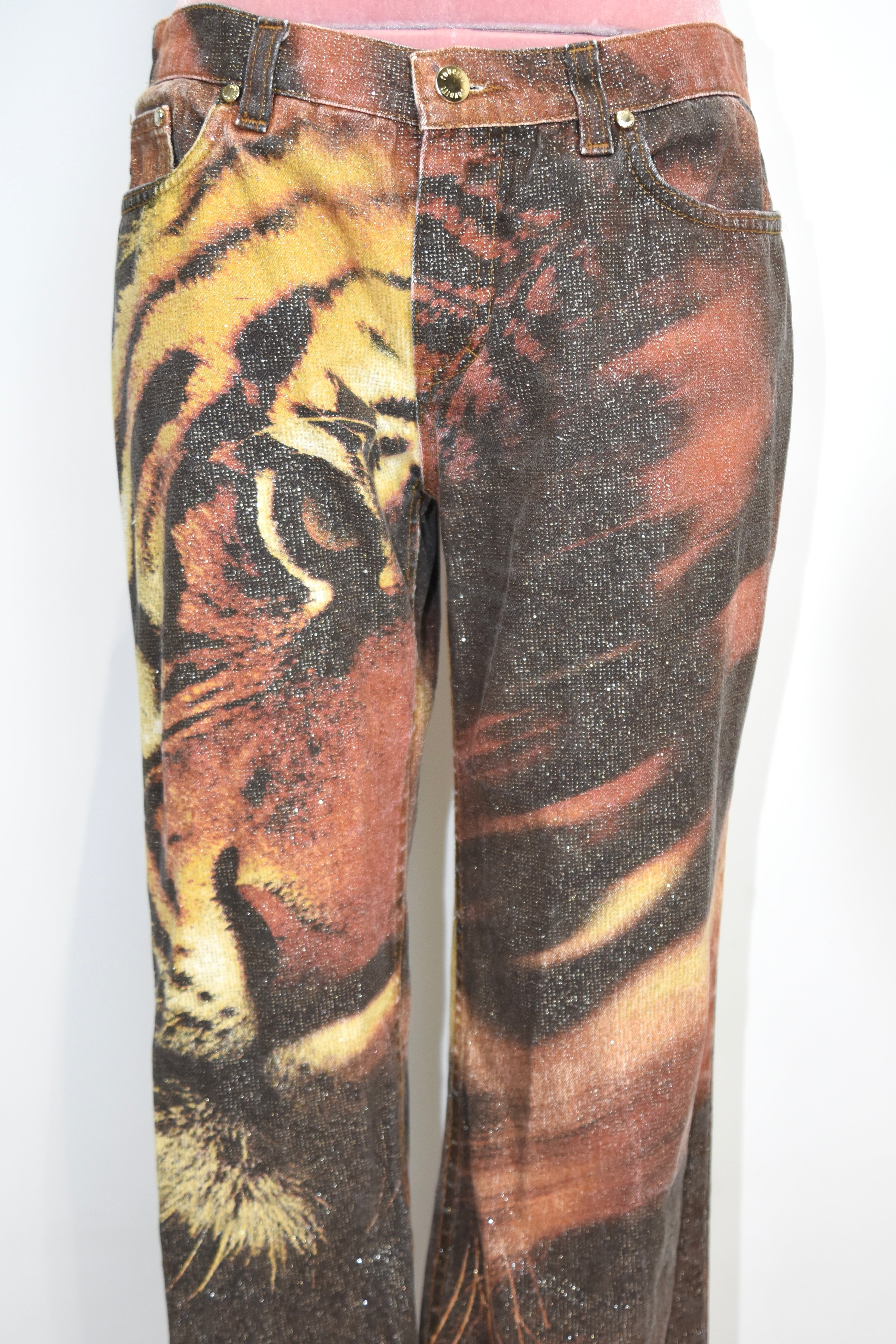 Roberto Cavalli Vintage Glitter Tiger Print Low-Rise Jeans (Rare Y2K Era Statement Denim)