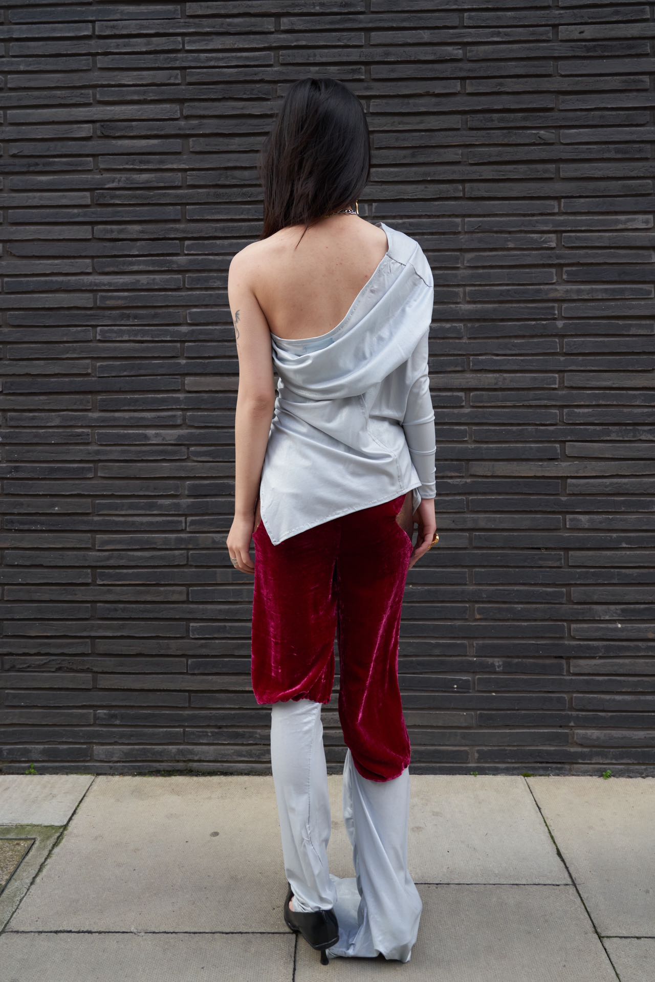 YAONOVA Burgundy Velvet × Jersey Draped Pants