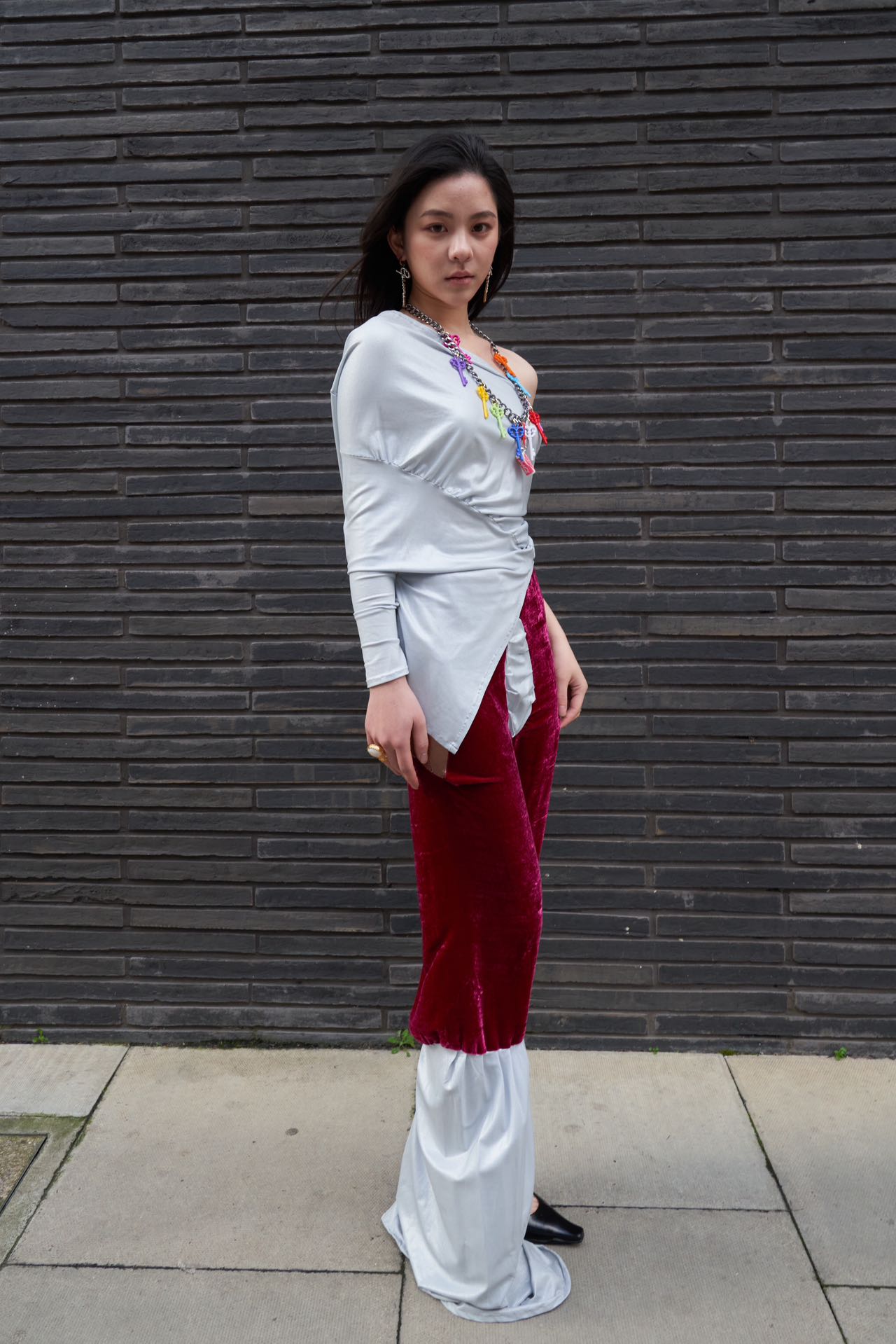 YAONOVA Burgundy Velvet × Jersey Draped Pants