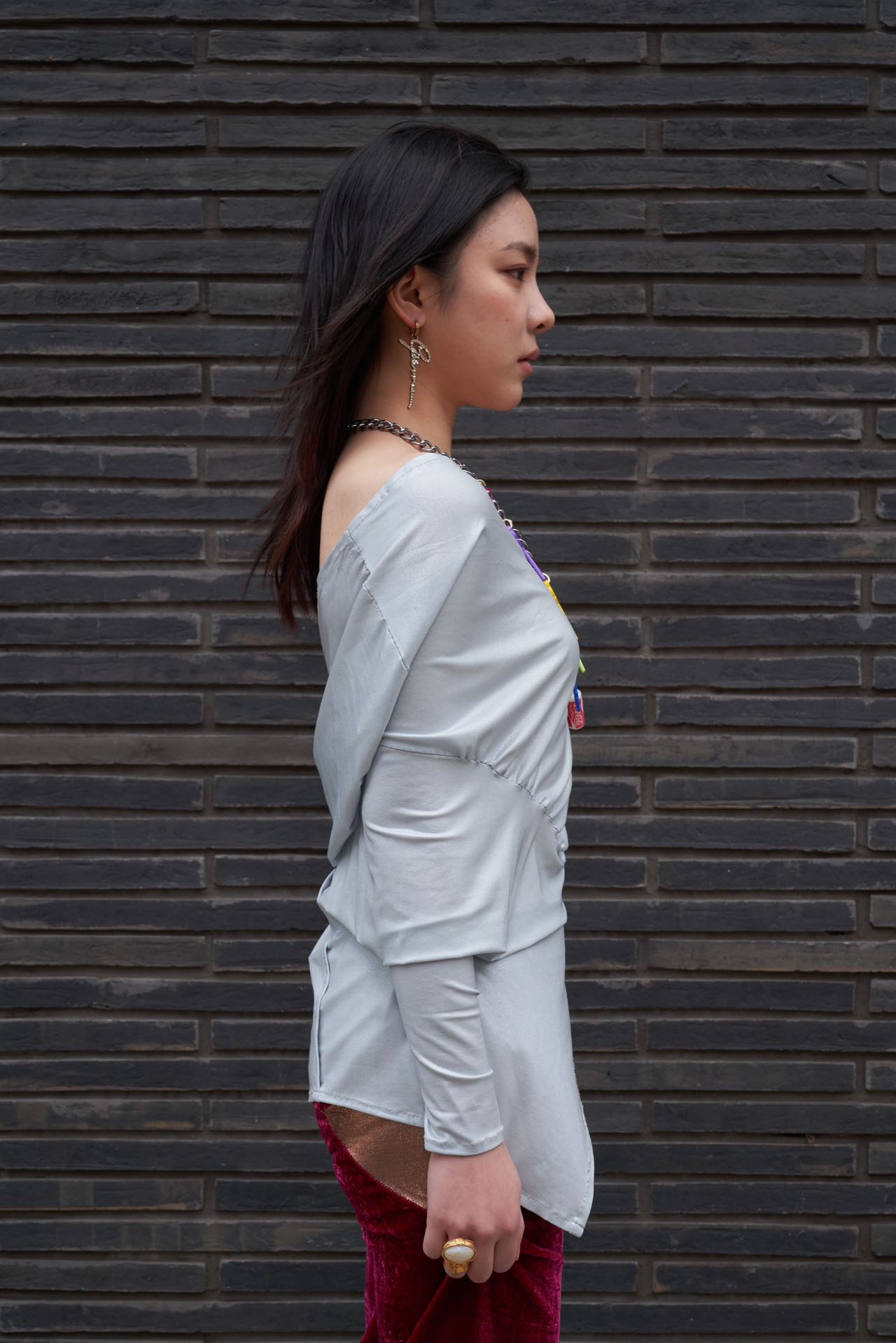 YAONOVA Pearl Jersey Ruched Asymmetric Top