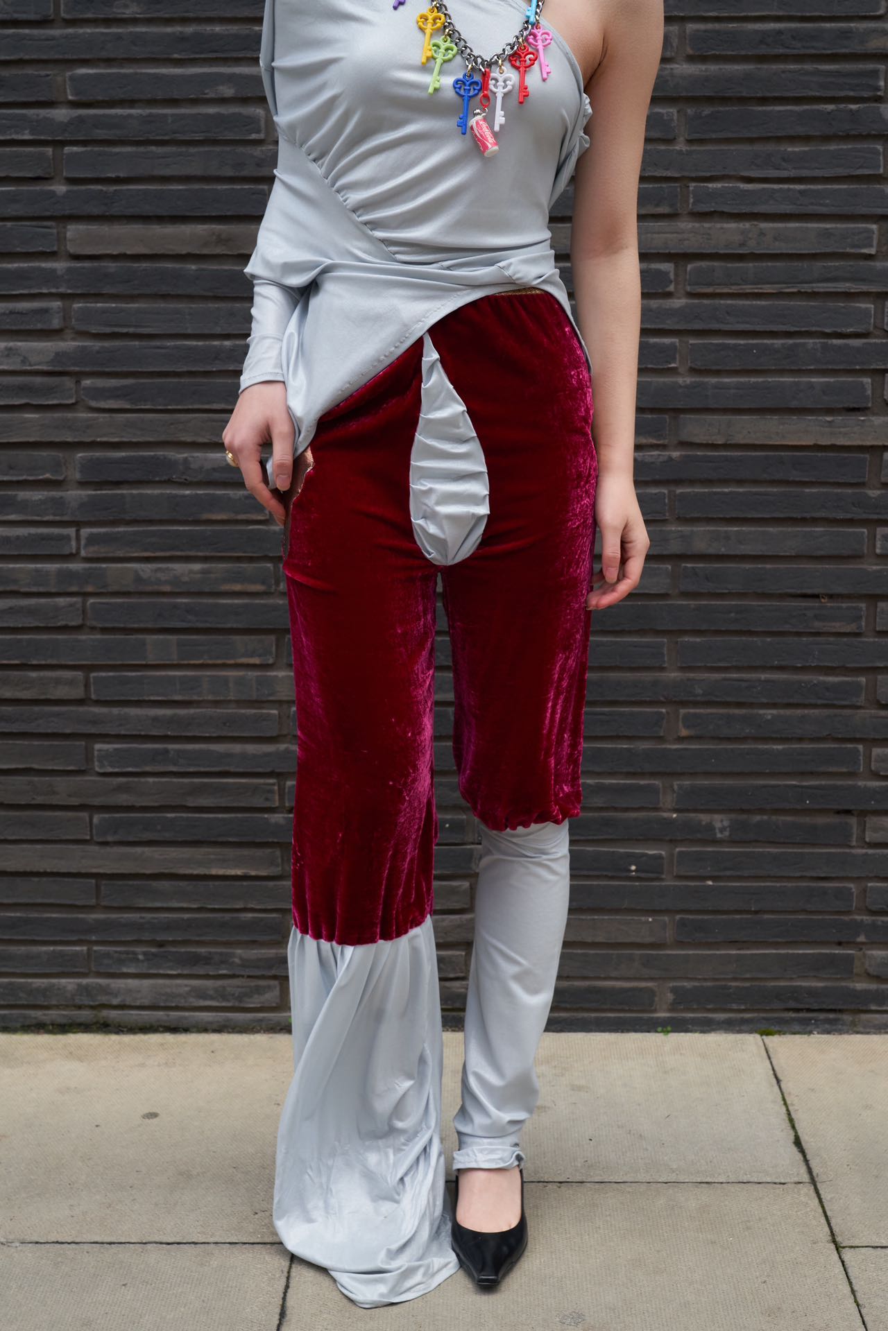 YAONOVA Burgundy Velvet × Jersey Draped Pants