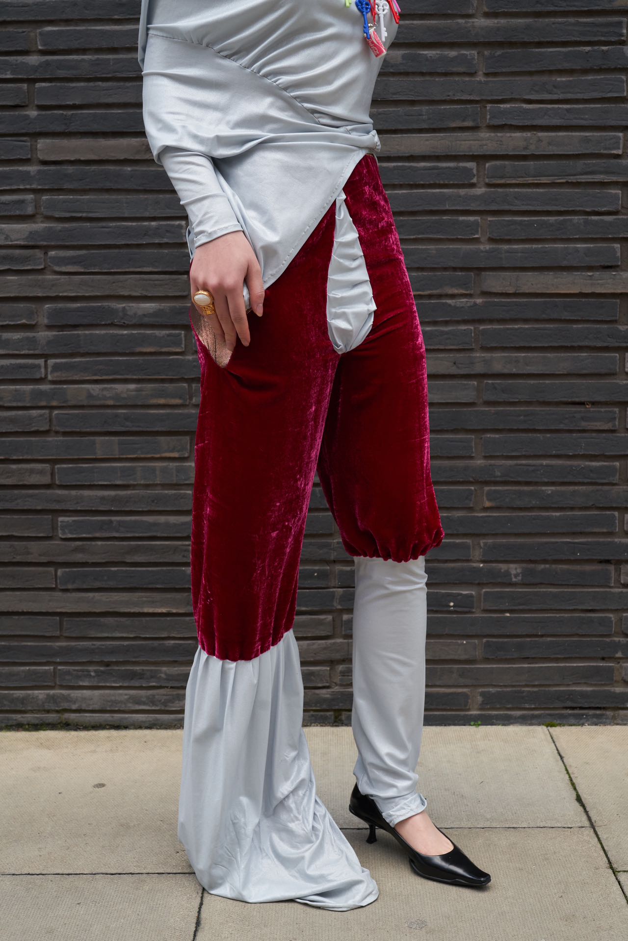 YAONOVA Burgundy Velvet × Jersey Draped Pants