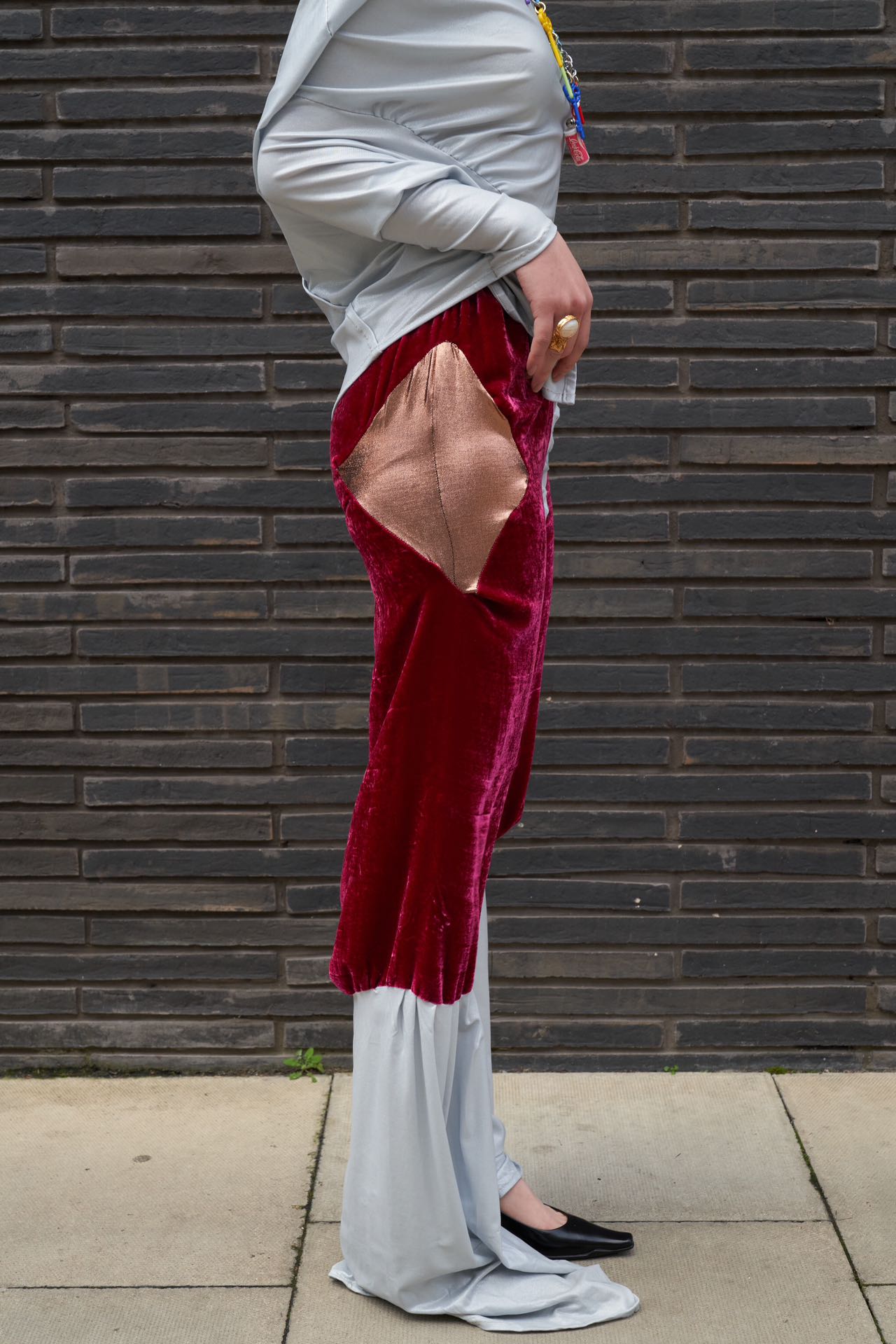 YAONOVA Burgundy Velvet × Jersey Draped Pants