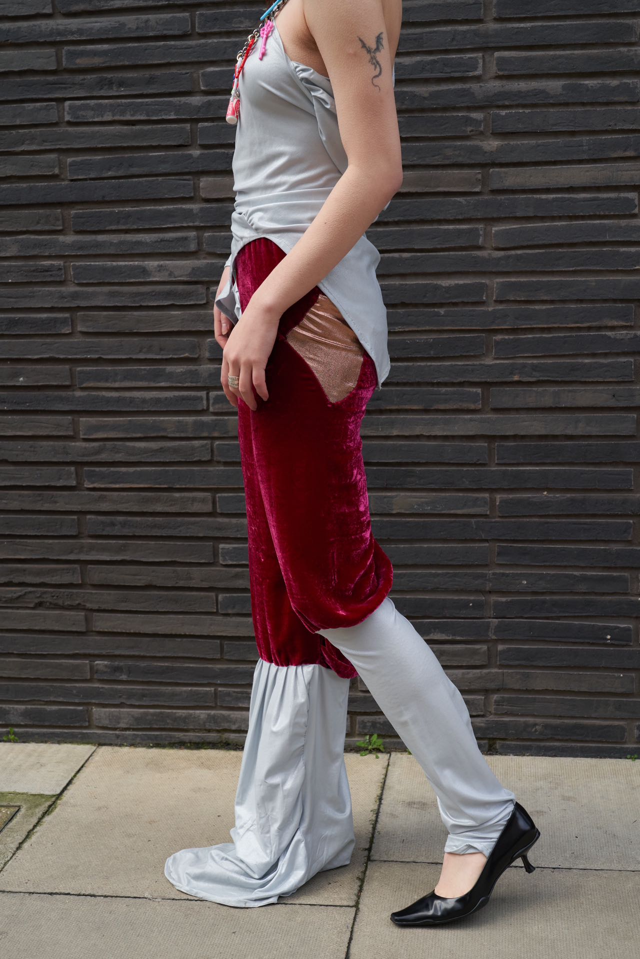 YAONOVA Burgundy Velvet × Jersey Draped Pants