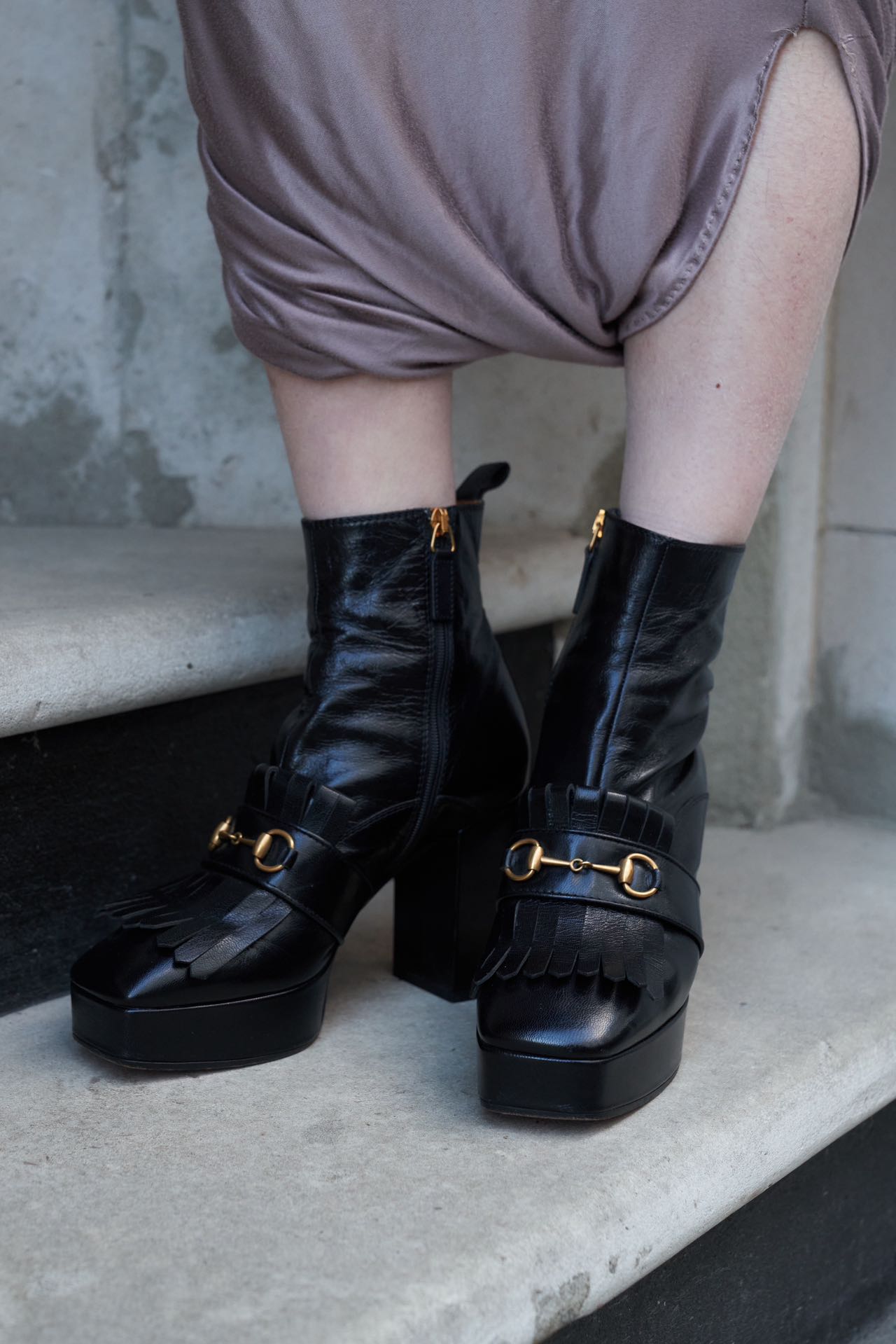 GUCCI Black Leather Platform Fringe Horsebit Boots