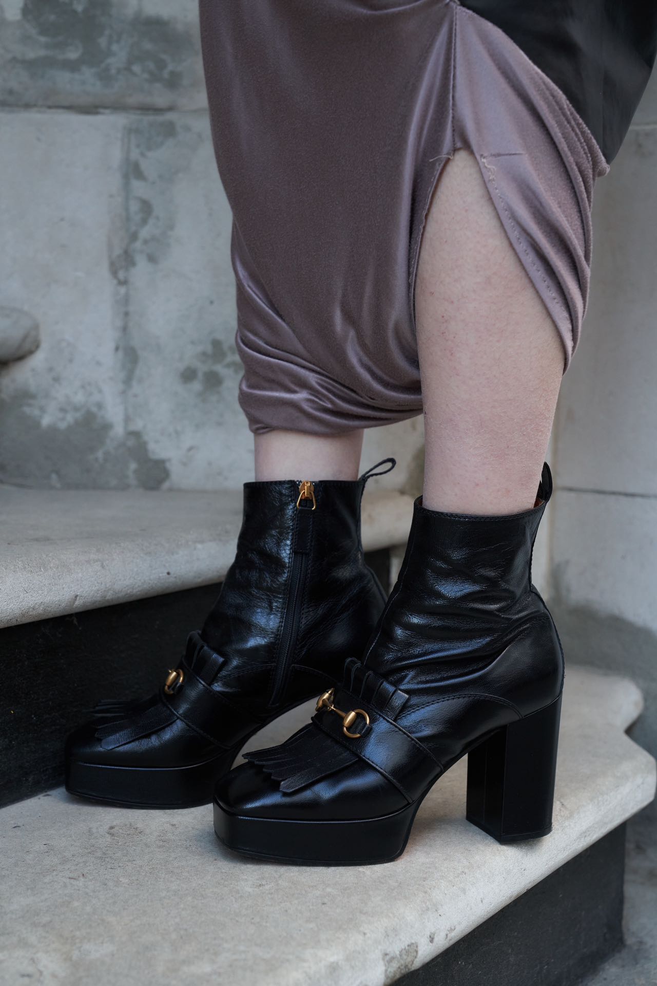 GUCCI Black Leather Platform Fringe Horsebit Boots