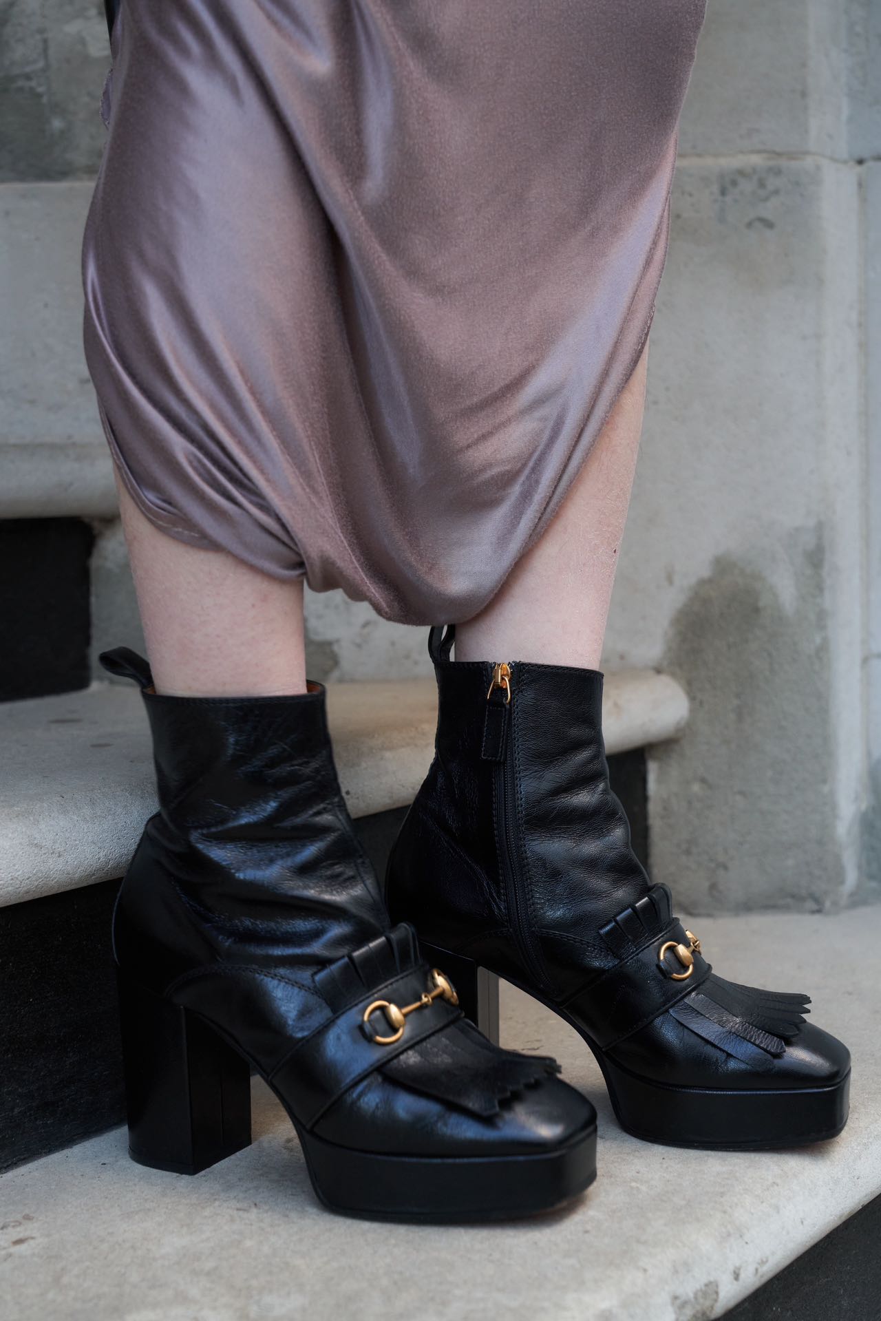 GUCCI Black Leather Platform Fringe Horsebit Boots
