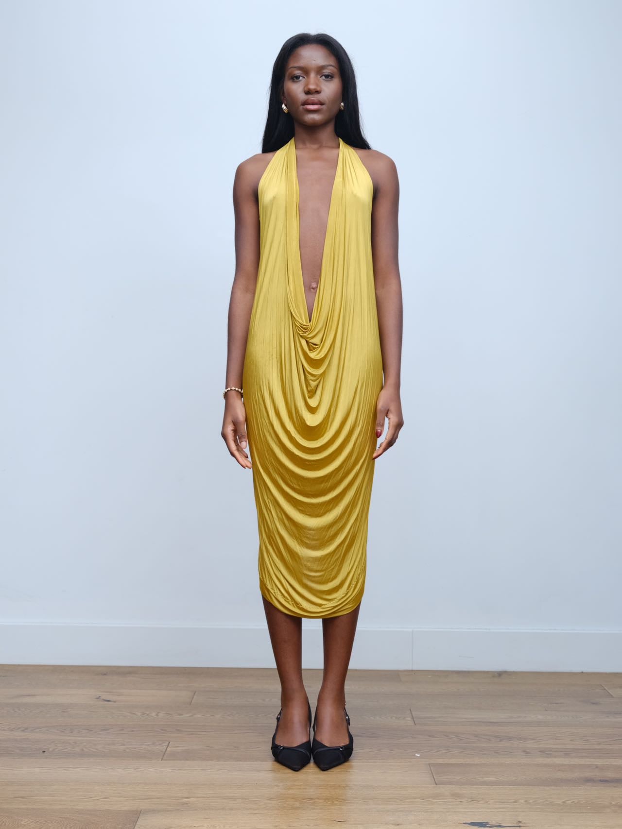 YAONOVA Gold Draped Halter Dress