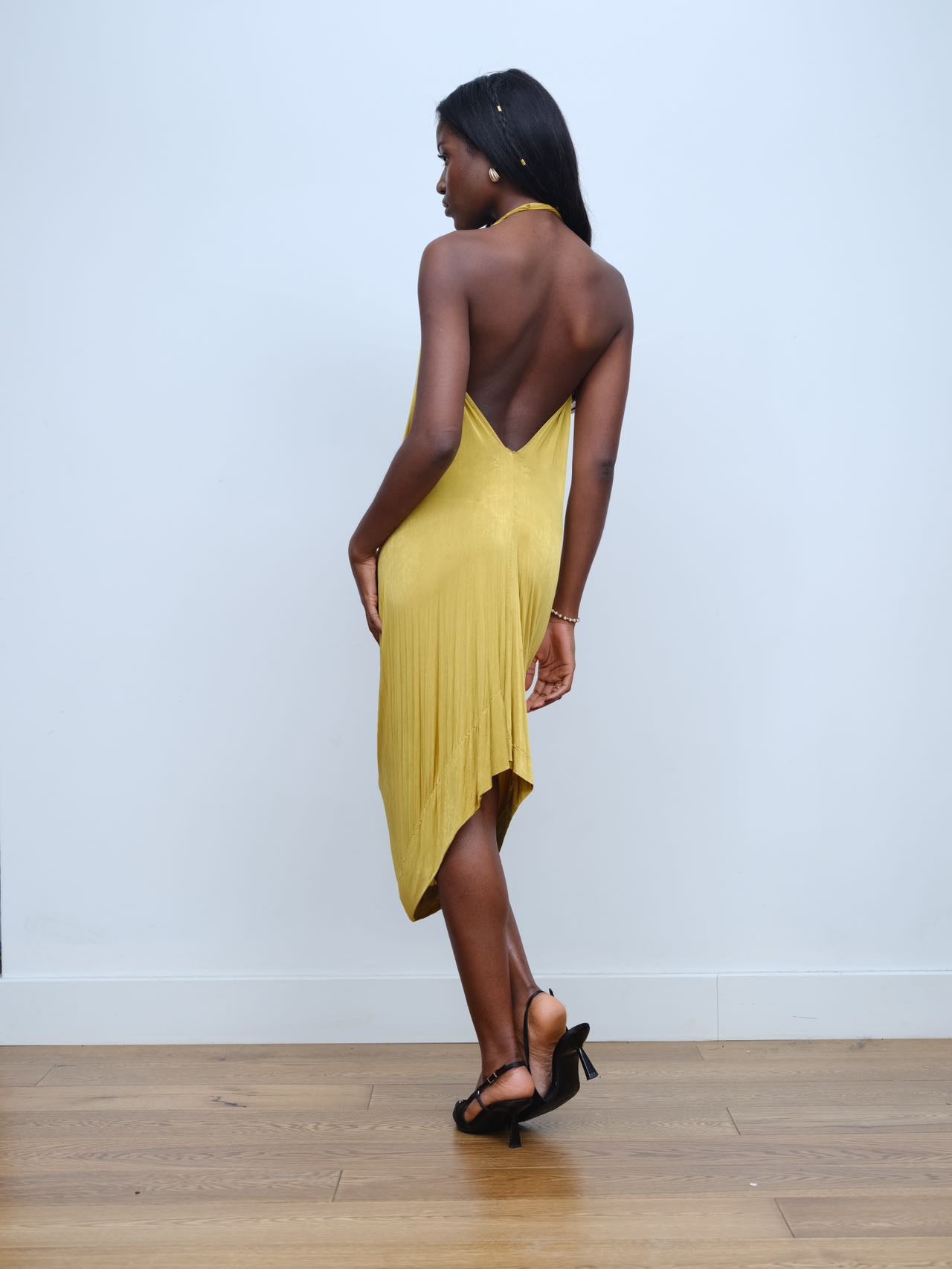 YAONOVA Gold Draped Halter Dress