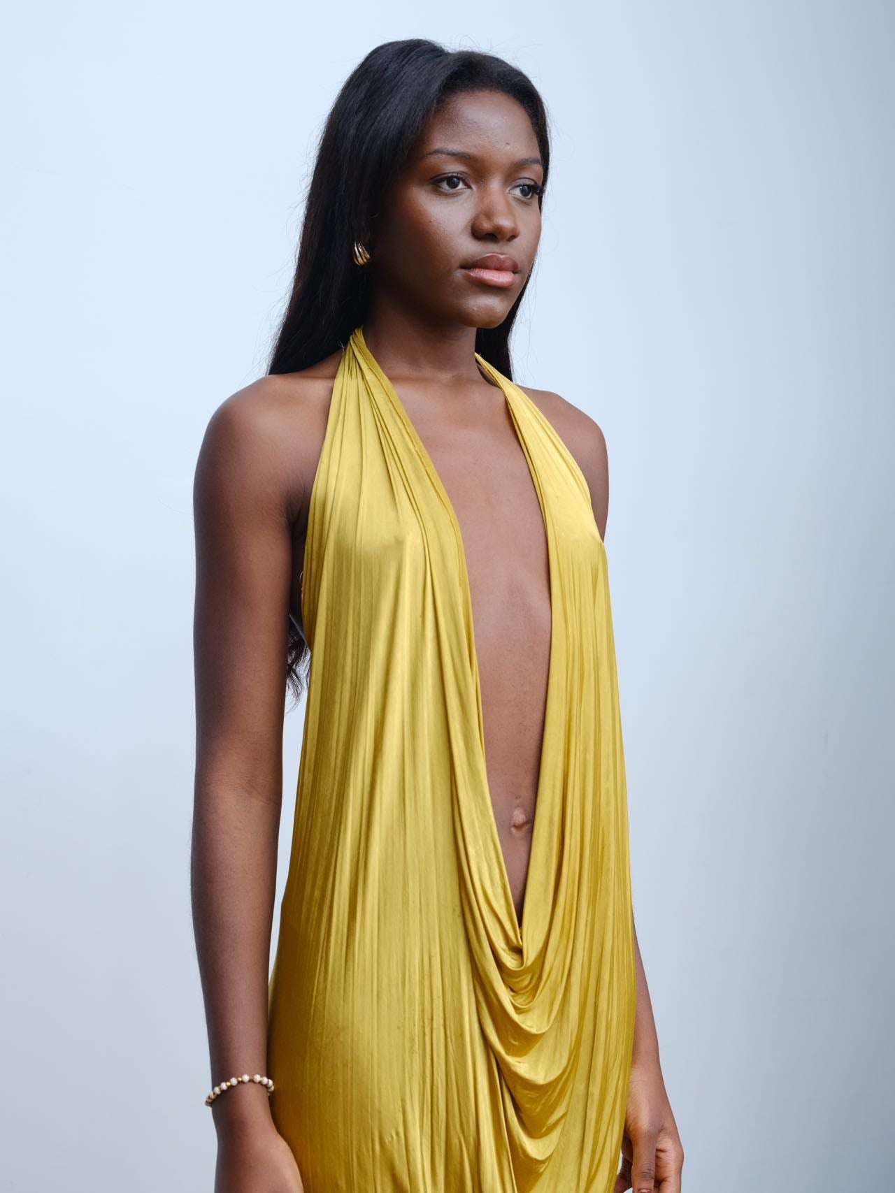 YAONOVA Gold Draped Halter Dress