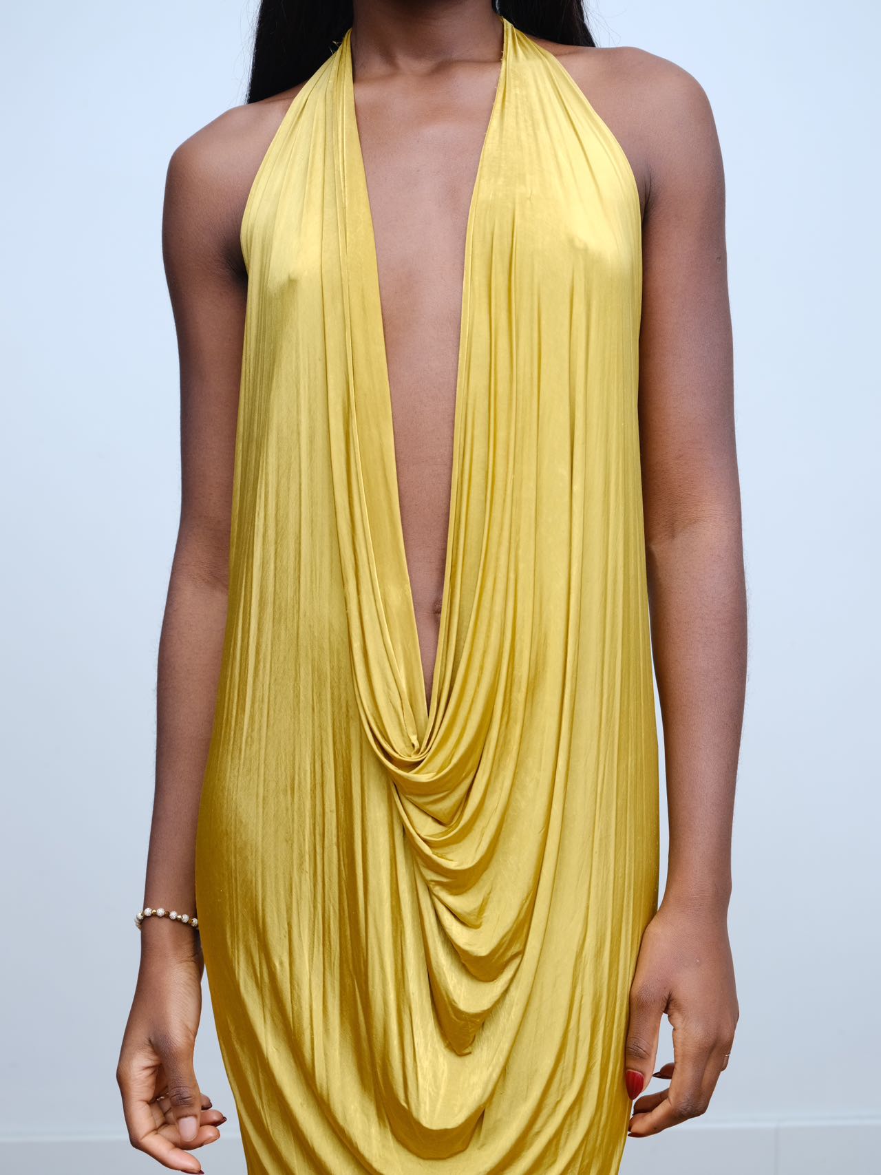 YAONOVA Gold Draped Halter Dress