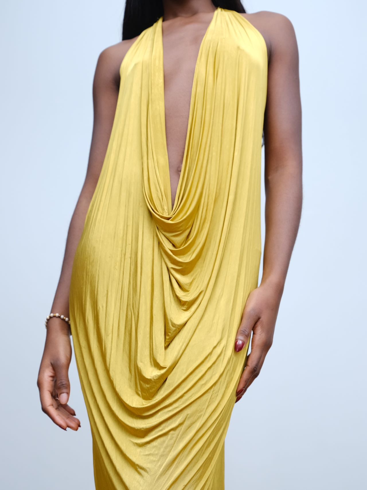 YAONOVA Gold Draped Halter Dress