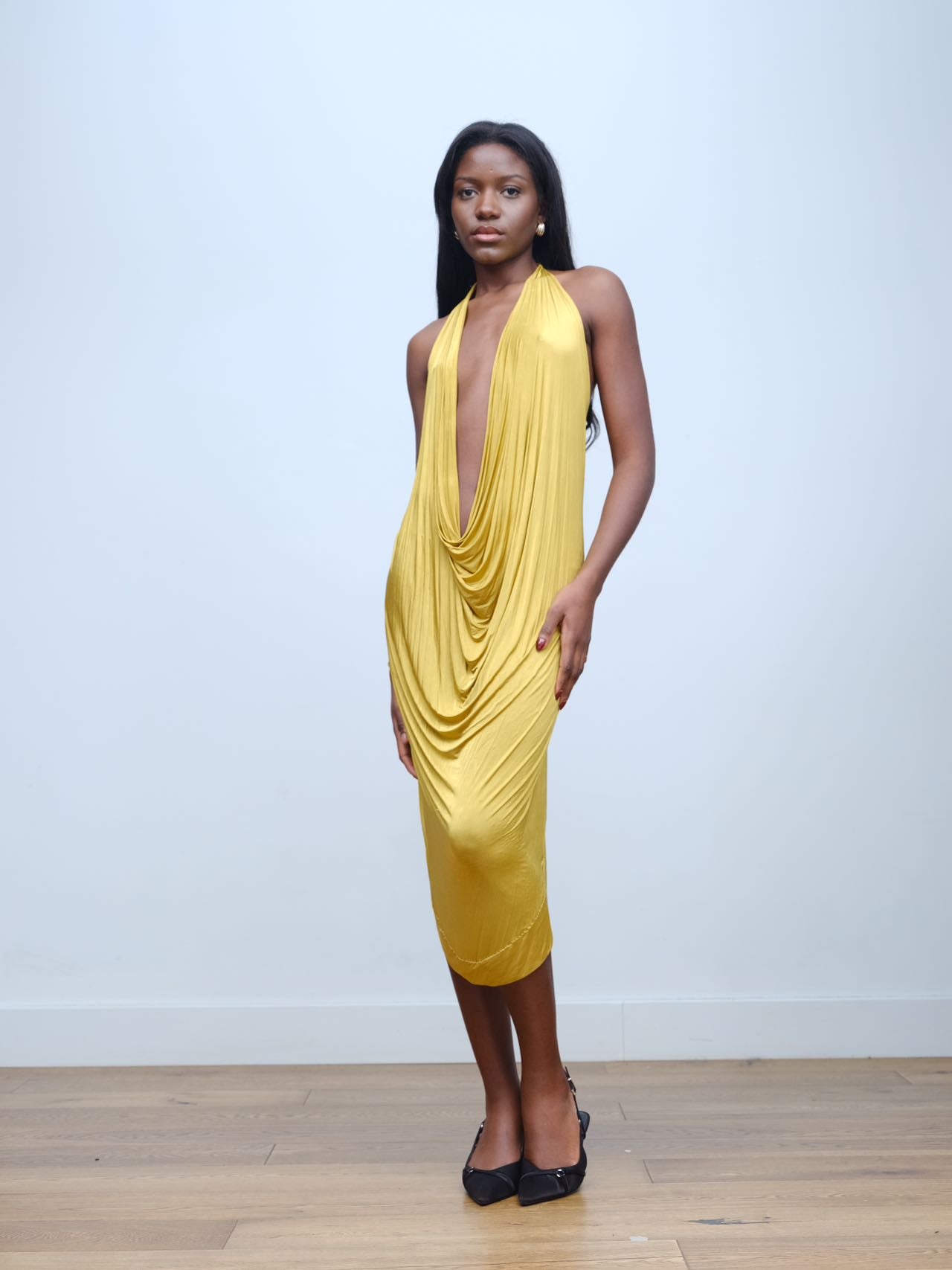 YAONOVA Gold Draped Halter Dress