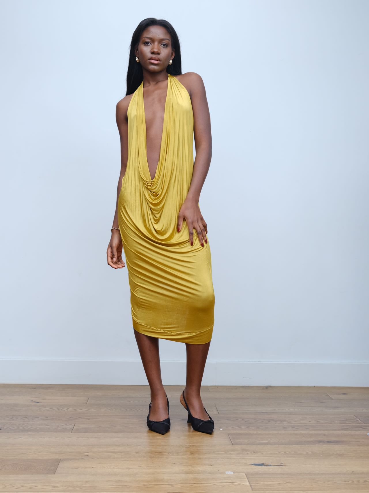 YAONOVA Gold Draped Halter Dress