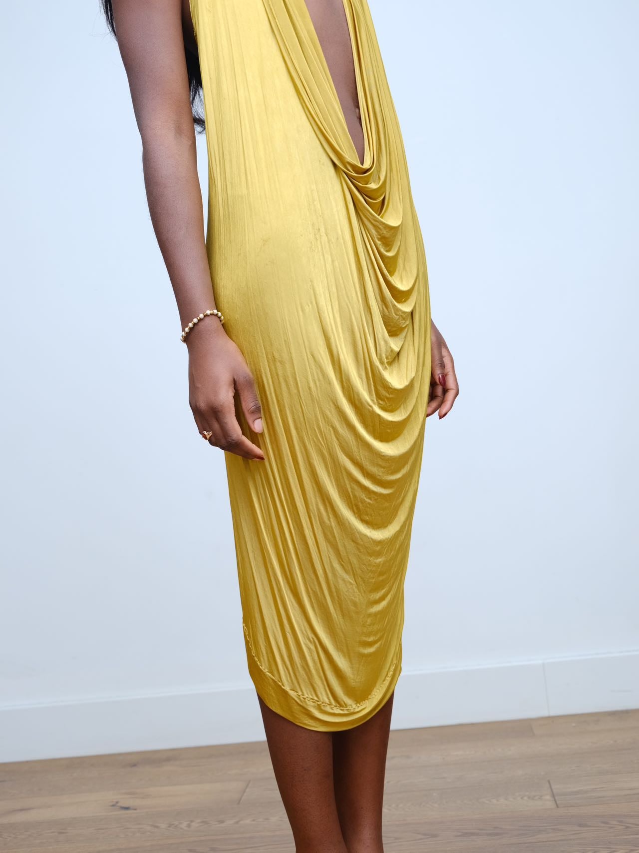 YAONOVA Gold Draped Halter Dress