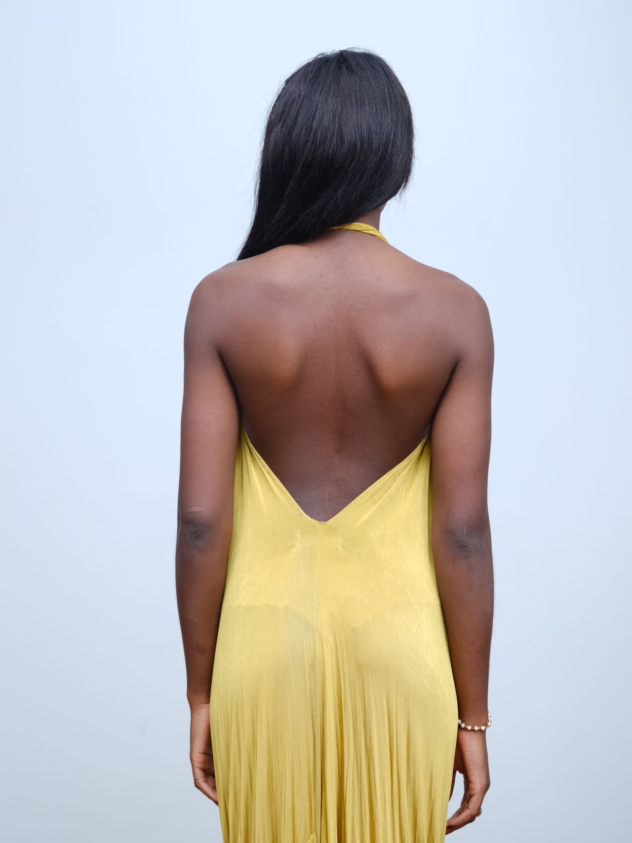 YAONOVA Gold Draped Halter Dress