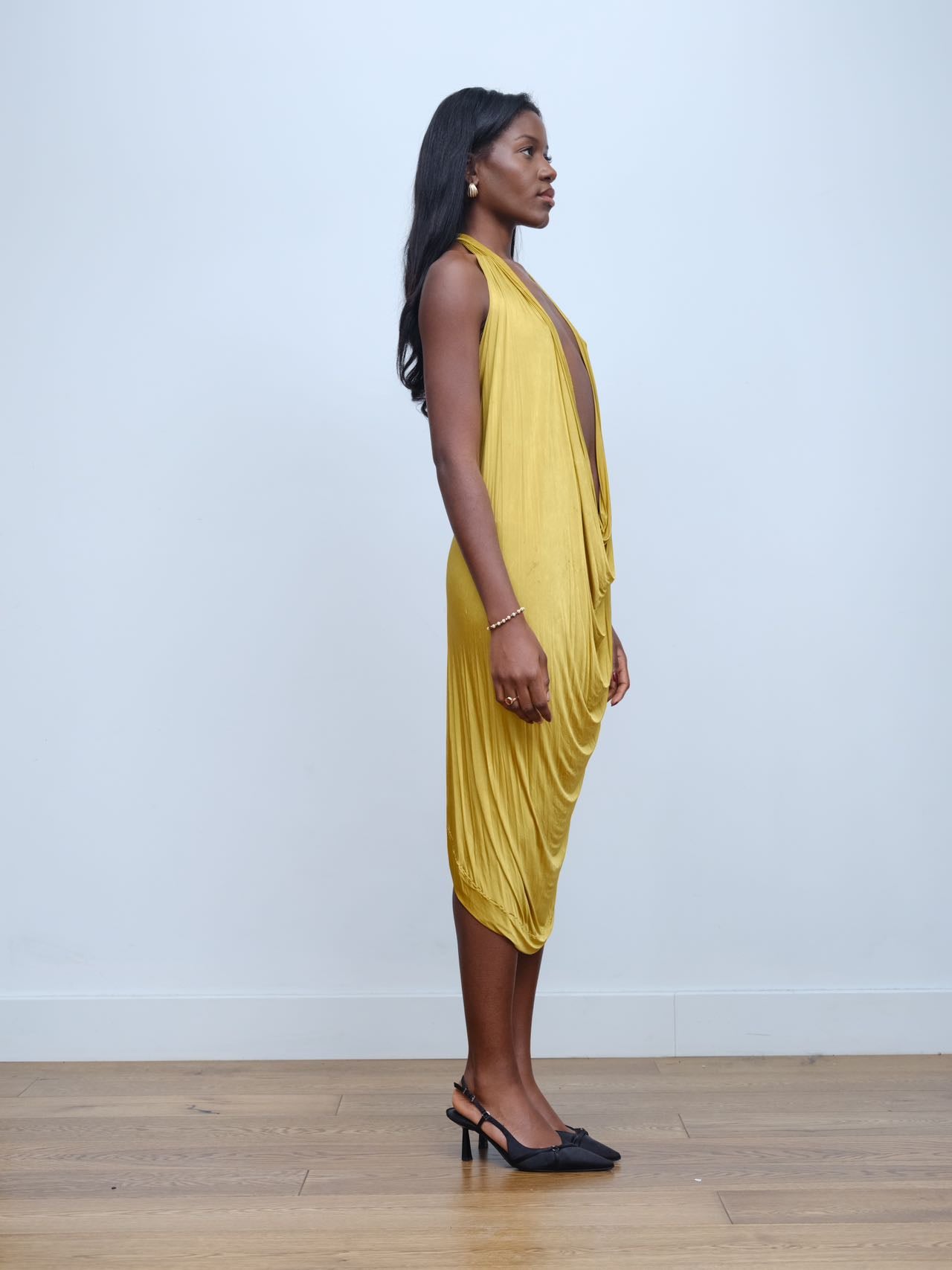 YAONOVA Gold Draped Halter Dress