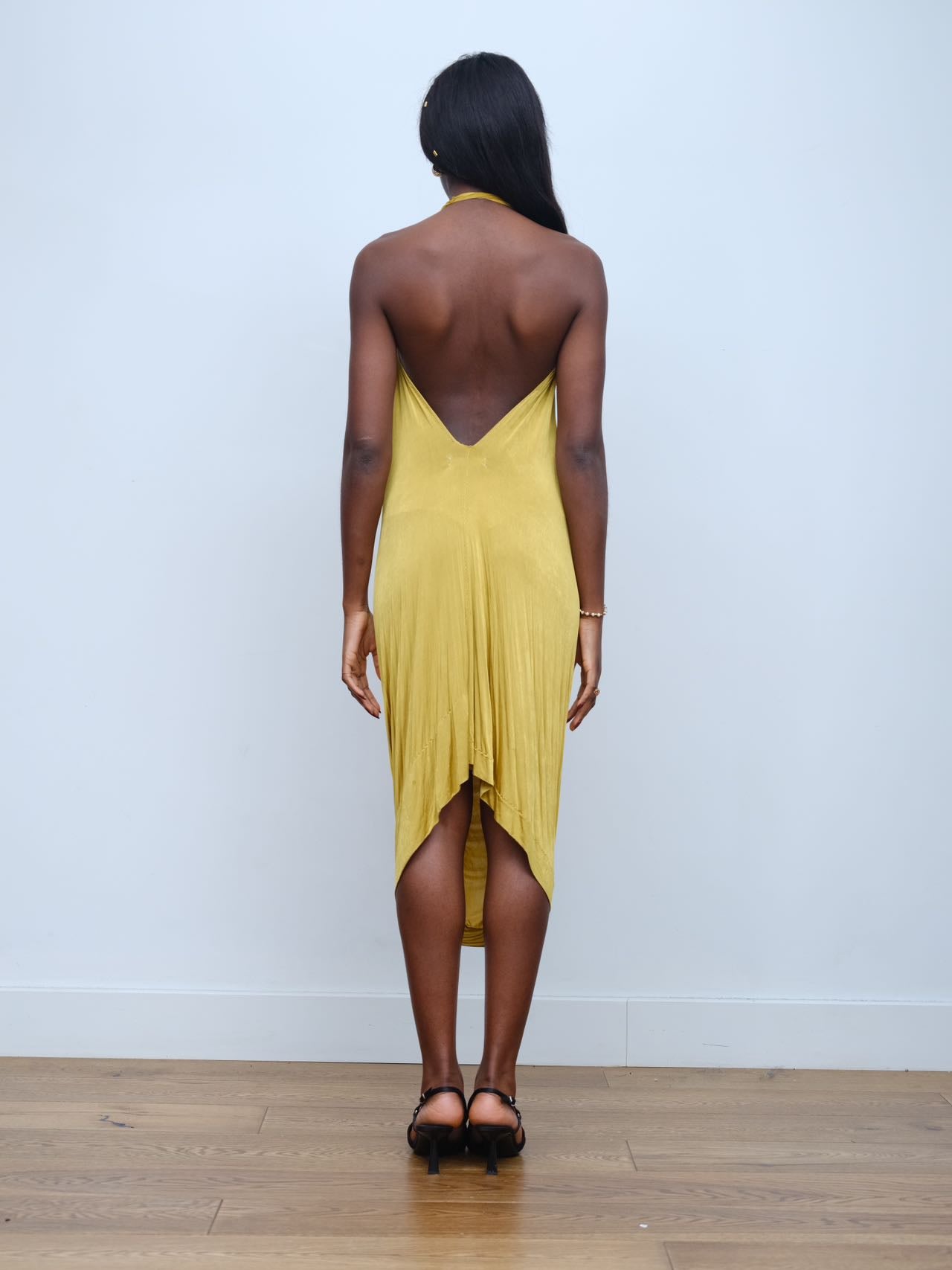 YAONOVA Gold Draped Halter Dress
